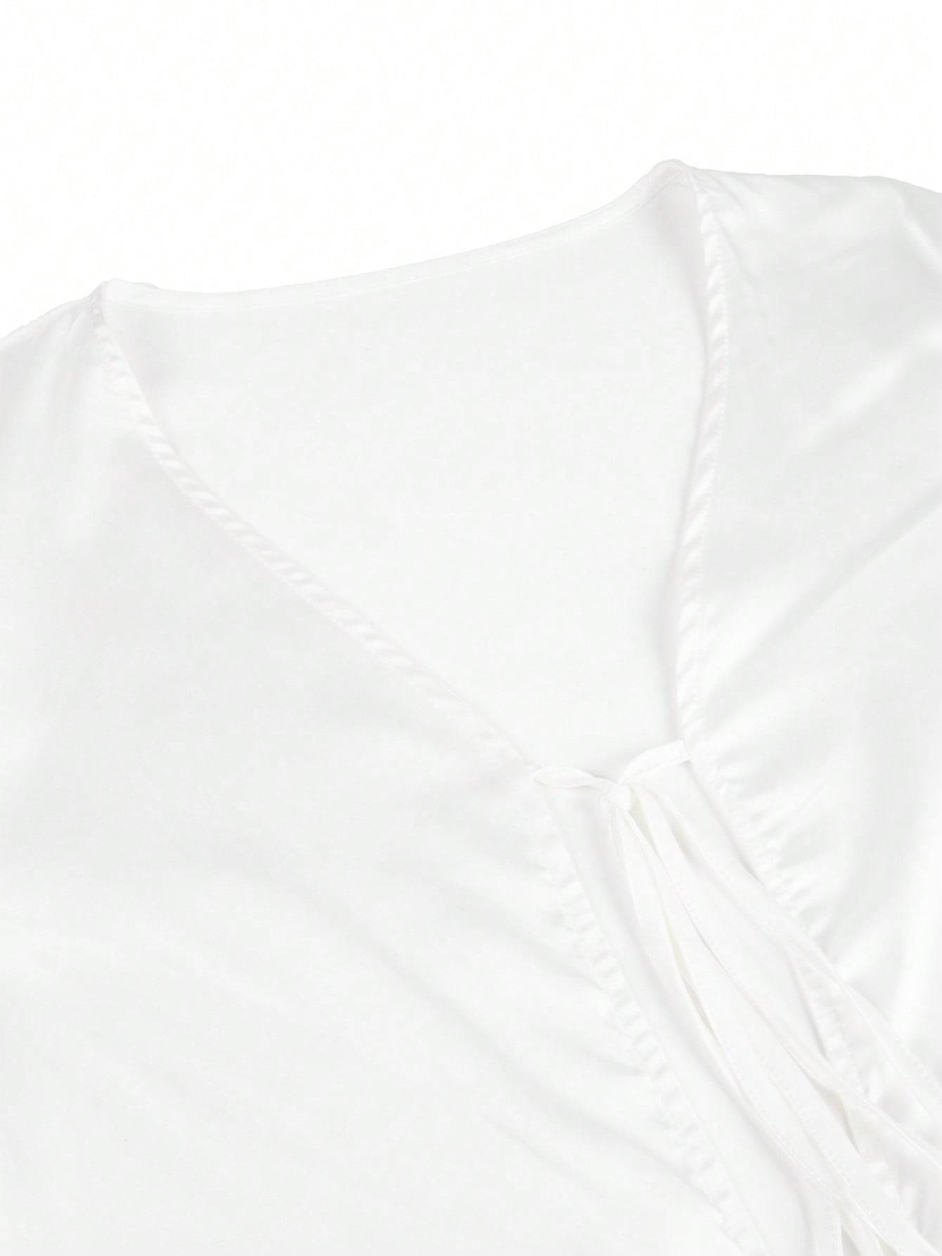Women's White Satin Tie-Front V-Neck Top with Long Sleeves