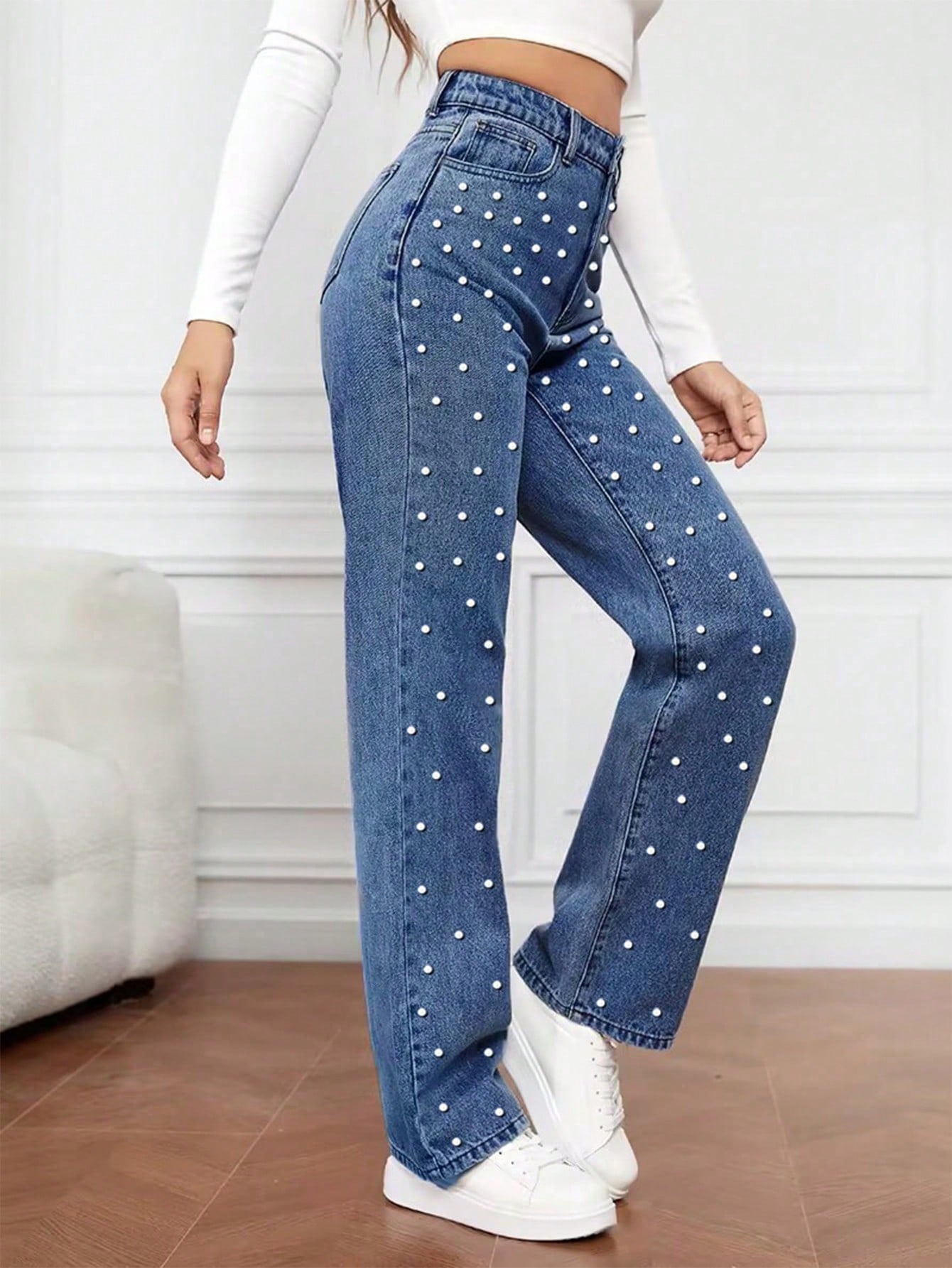 Women's Blue Viscose Blend High-Waisted Pearl Embellished Wide-Leg Denim Jeans