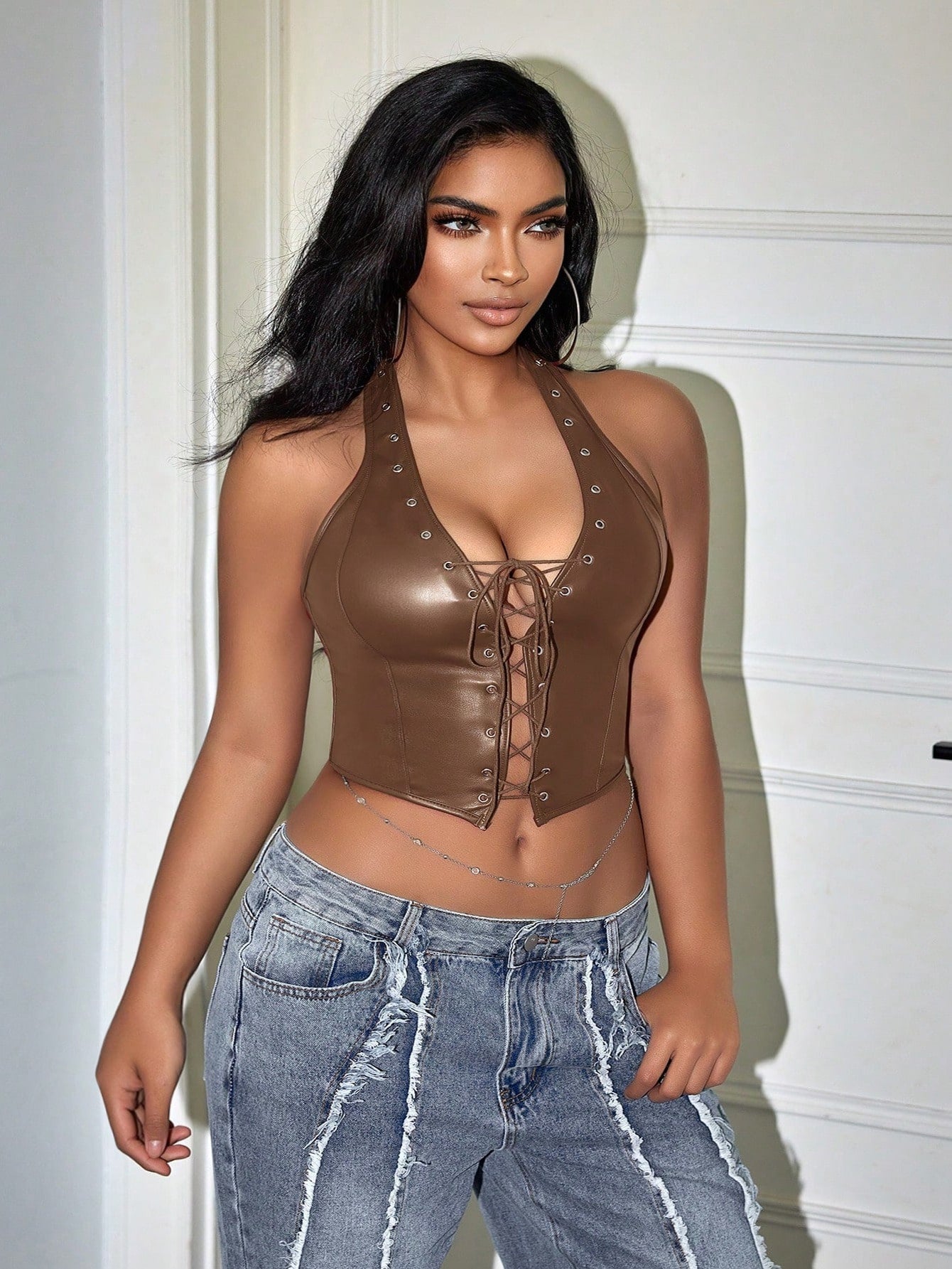 Women's Brown Faux Leather Halter Top with Lace-Up Front