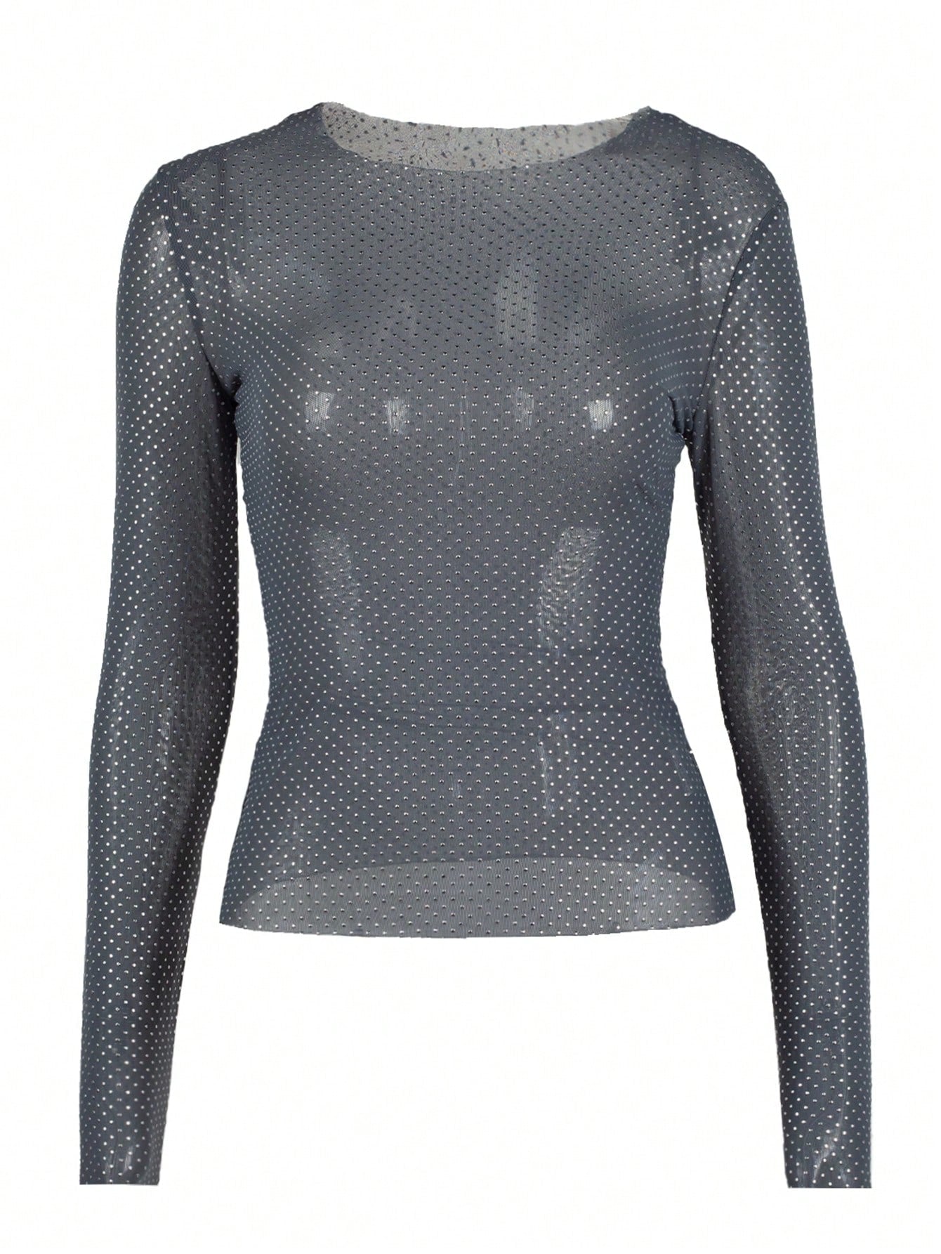 Women's Women Sexy Dark Grey Rhinestone Long Sleeve Top See Through Mesh Tee