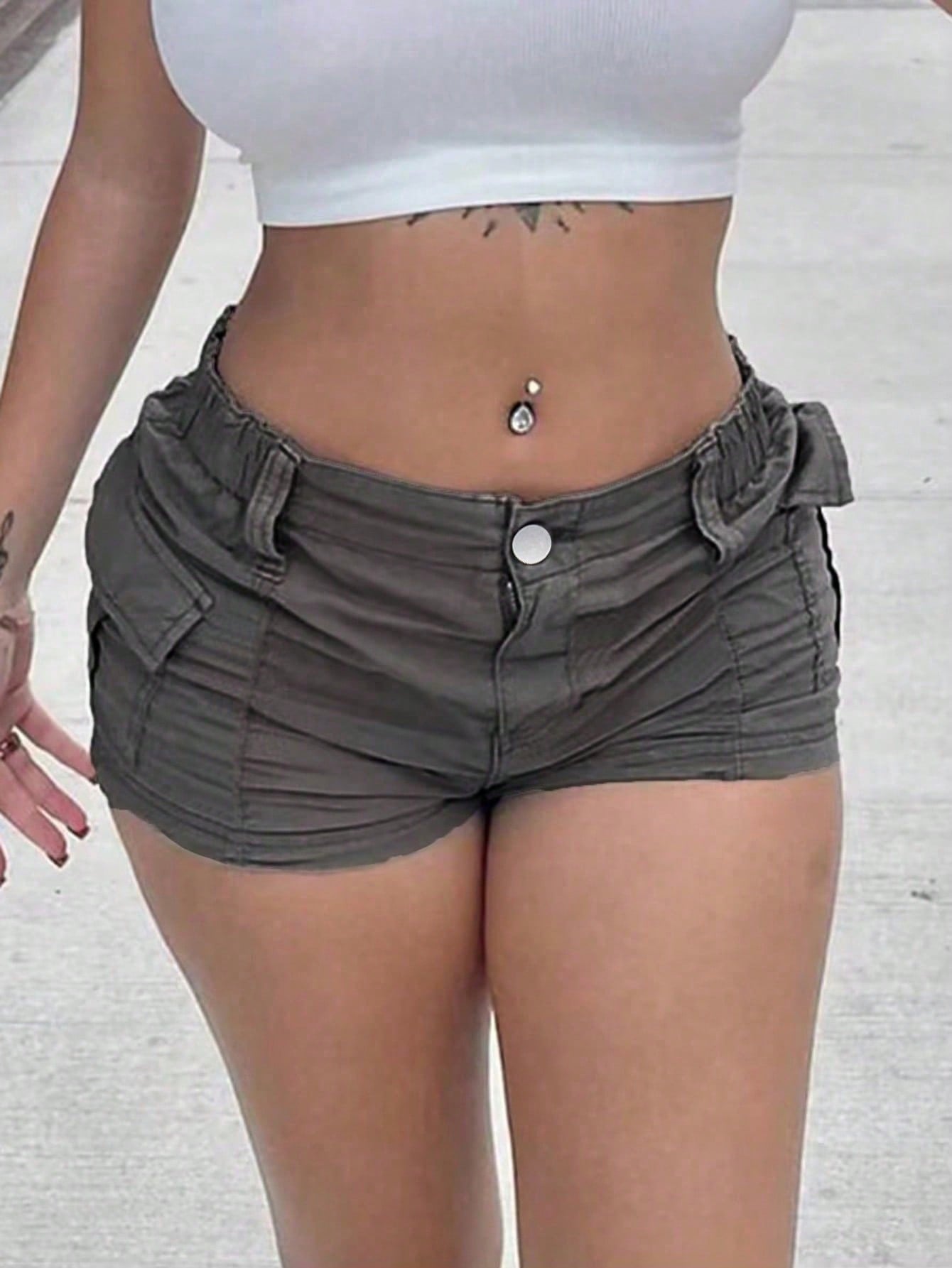 Women's Women Dark Grey Cargo Shorts Casual Elastic Waist Stretchy Mini Shorts