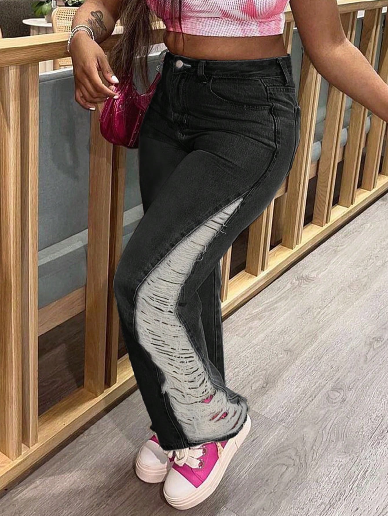 Black Denim Cargo Jeans with Orange Fur Cuffs - Baggy Streetwear Pants with Contrast Patchwork