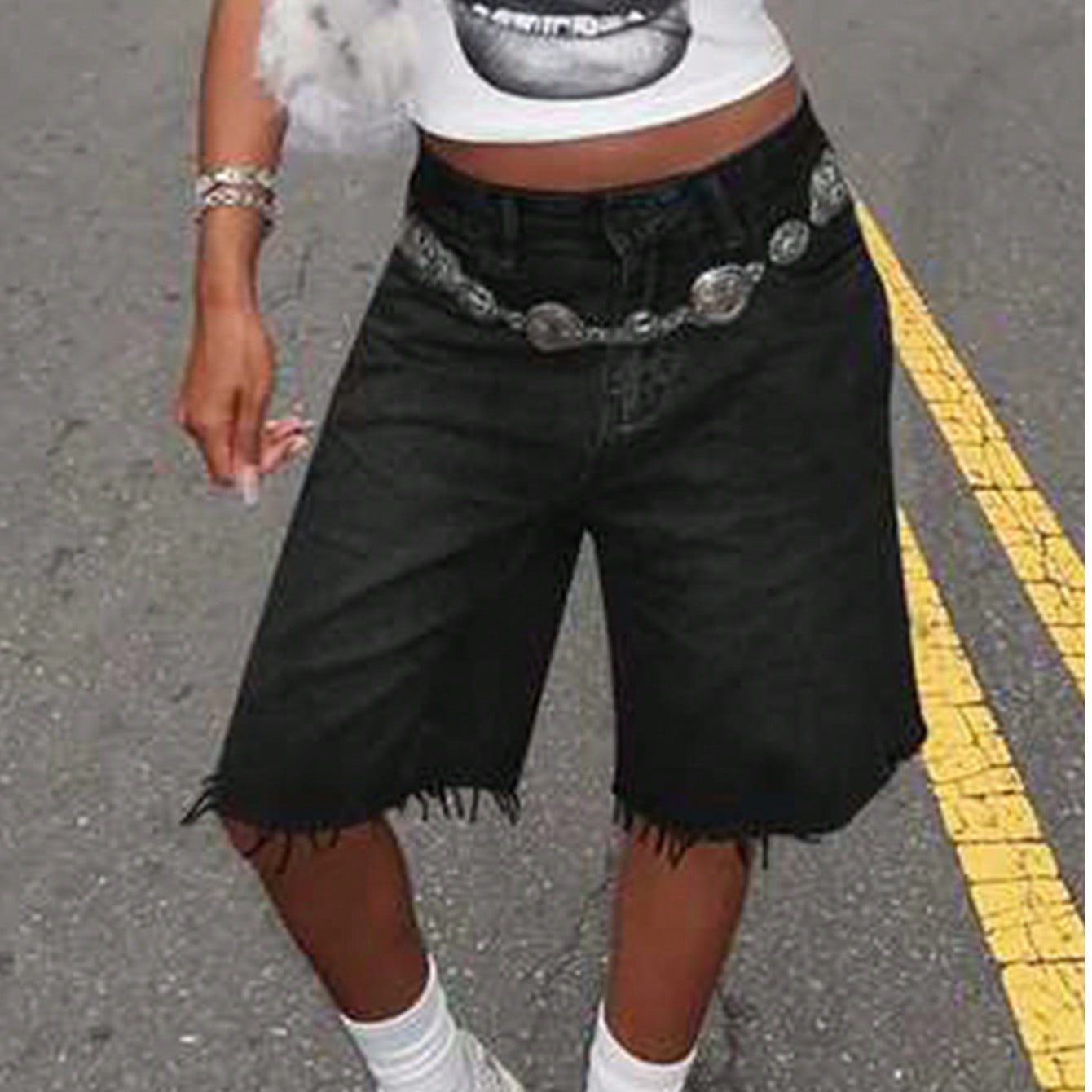 Women's Black Frayed Raw Hem Denim Jorts Bermuda Shorts