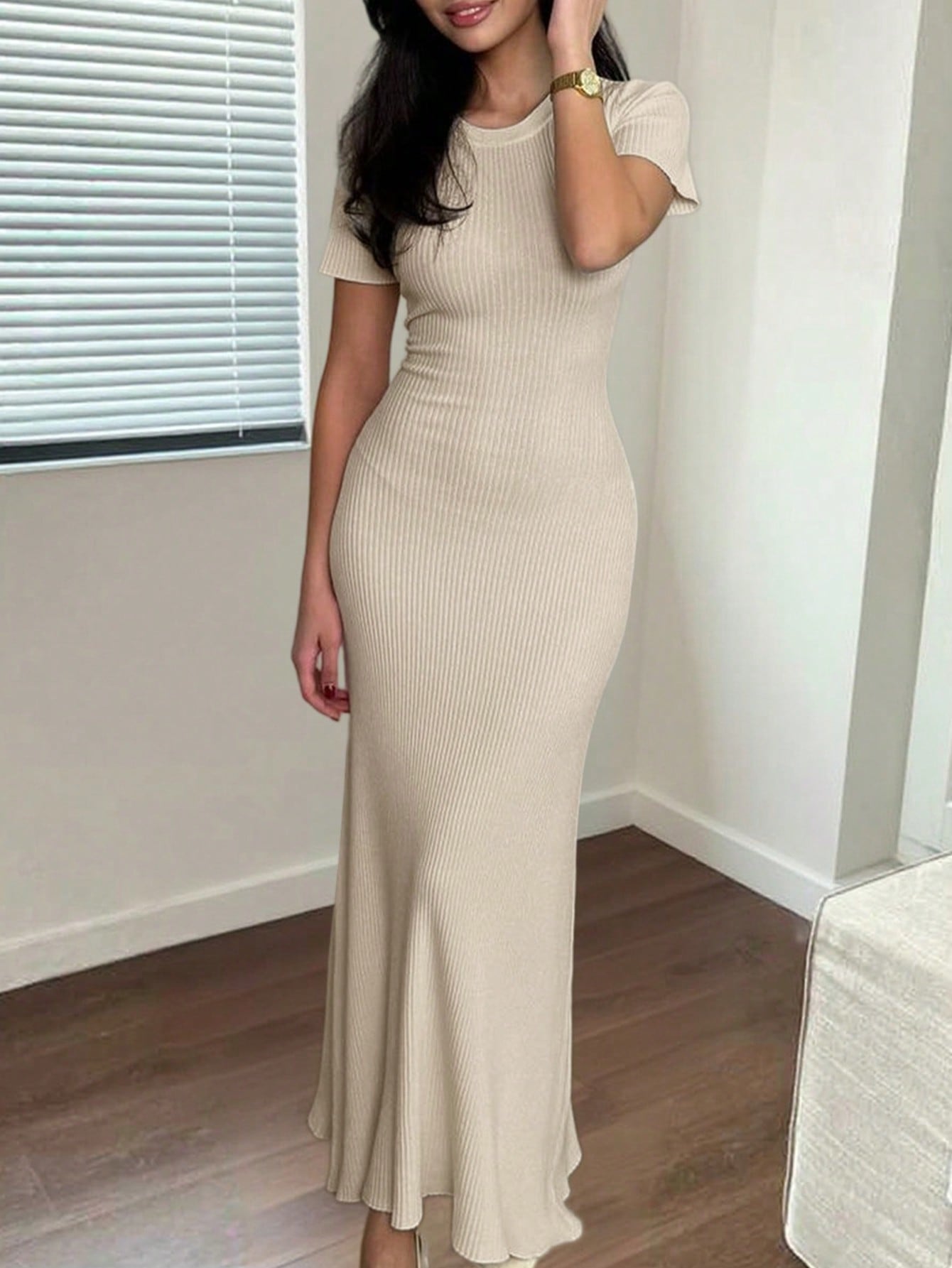 Women's Khaki Ribbed Knit Bodycon Maxi Dress with Back Cutout
