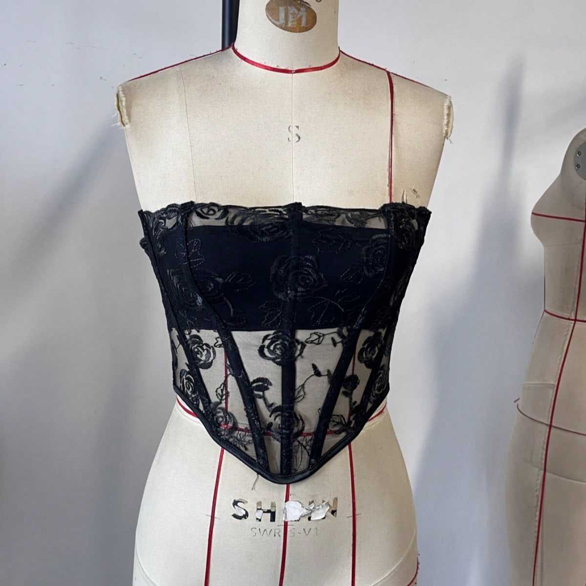 Women's Black Mesh Sheer Boned Strapless Corset