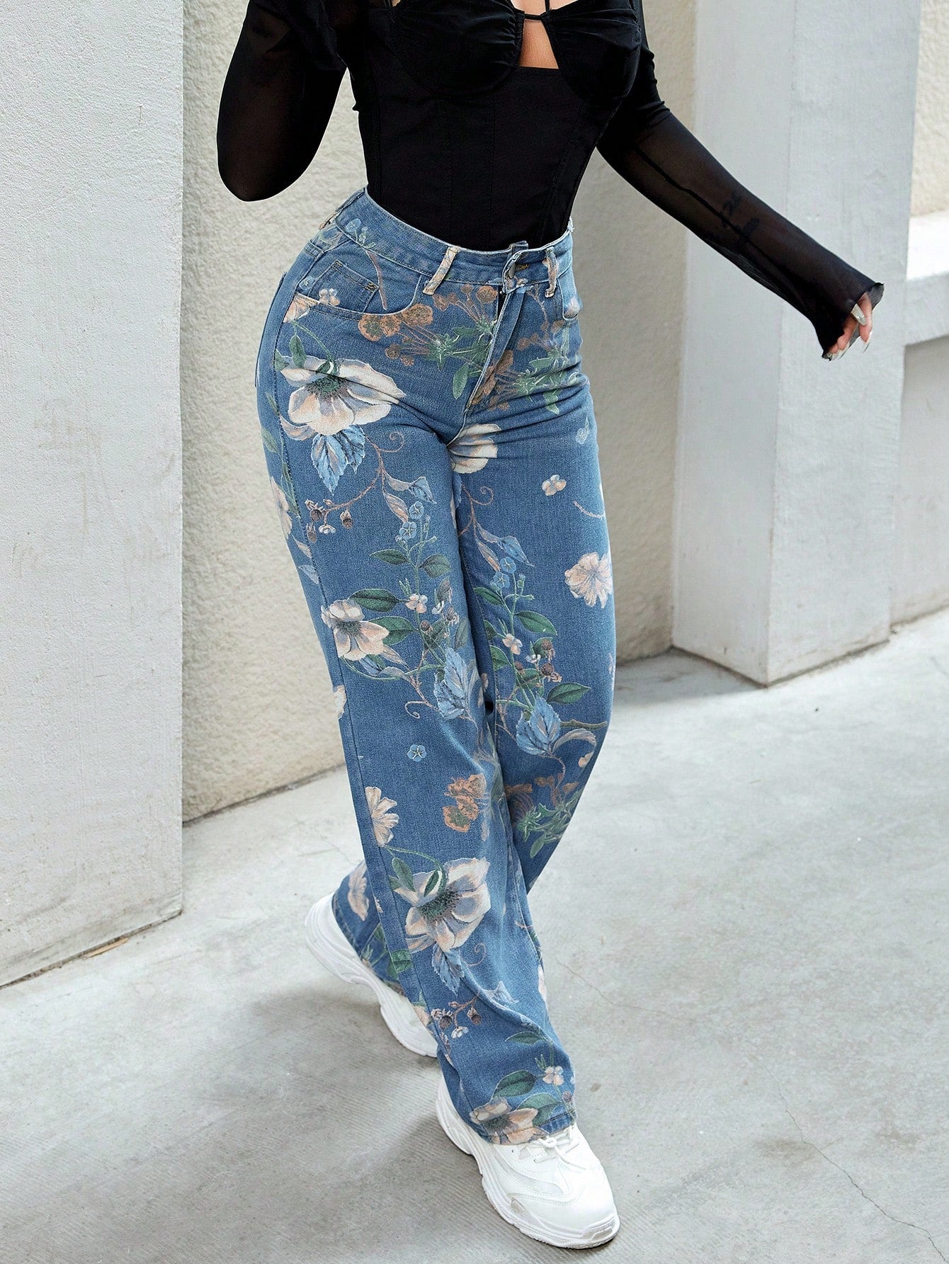 Women's Floral Print Wide-Leg Denim Jeans | Y2K Aesthetic Loose Casual Baggy Denim Pants