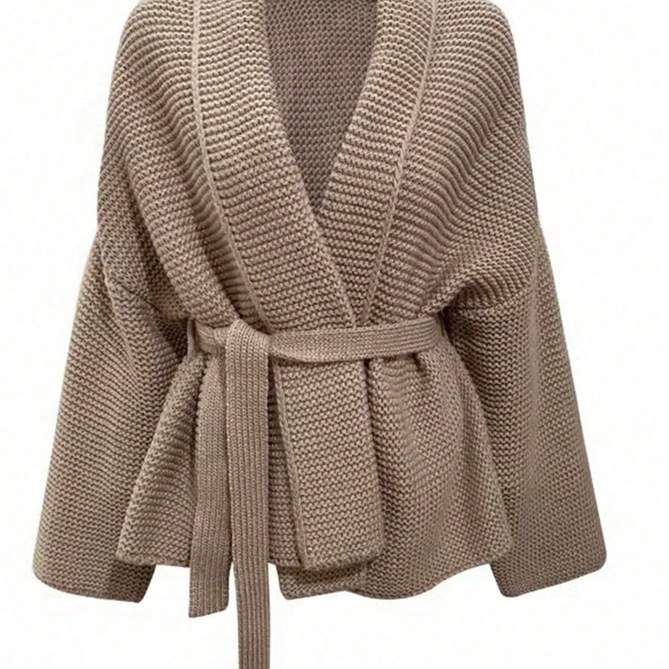 Women's Cozy Khaki Chunky Ribbed Knit Cardigan with Waist Tie