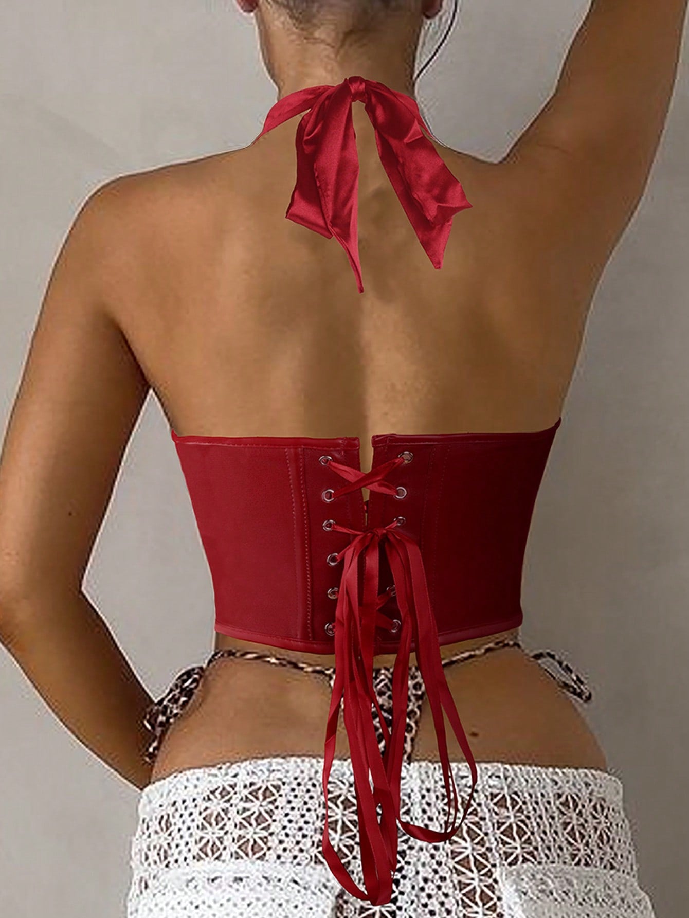 Women's Red PU Leather Plunge V-Neck Lace-Up Halter Corset
