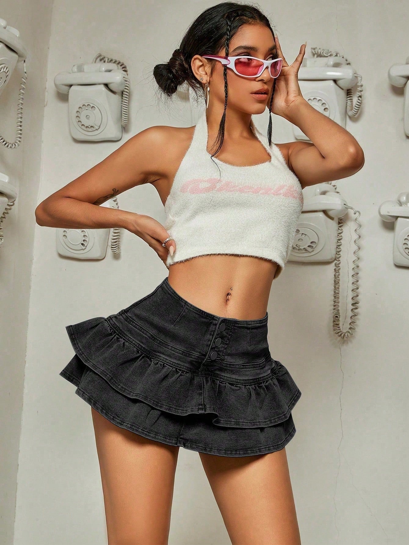Women's Black Multi-Tier Ruffle Denim Mini Skirt with Button Detail