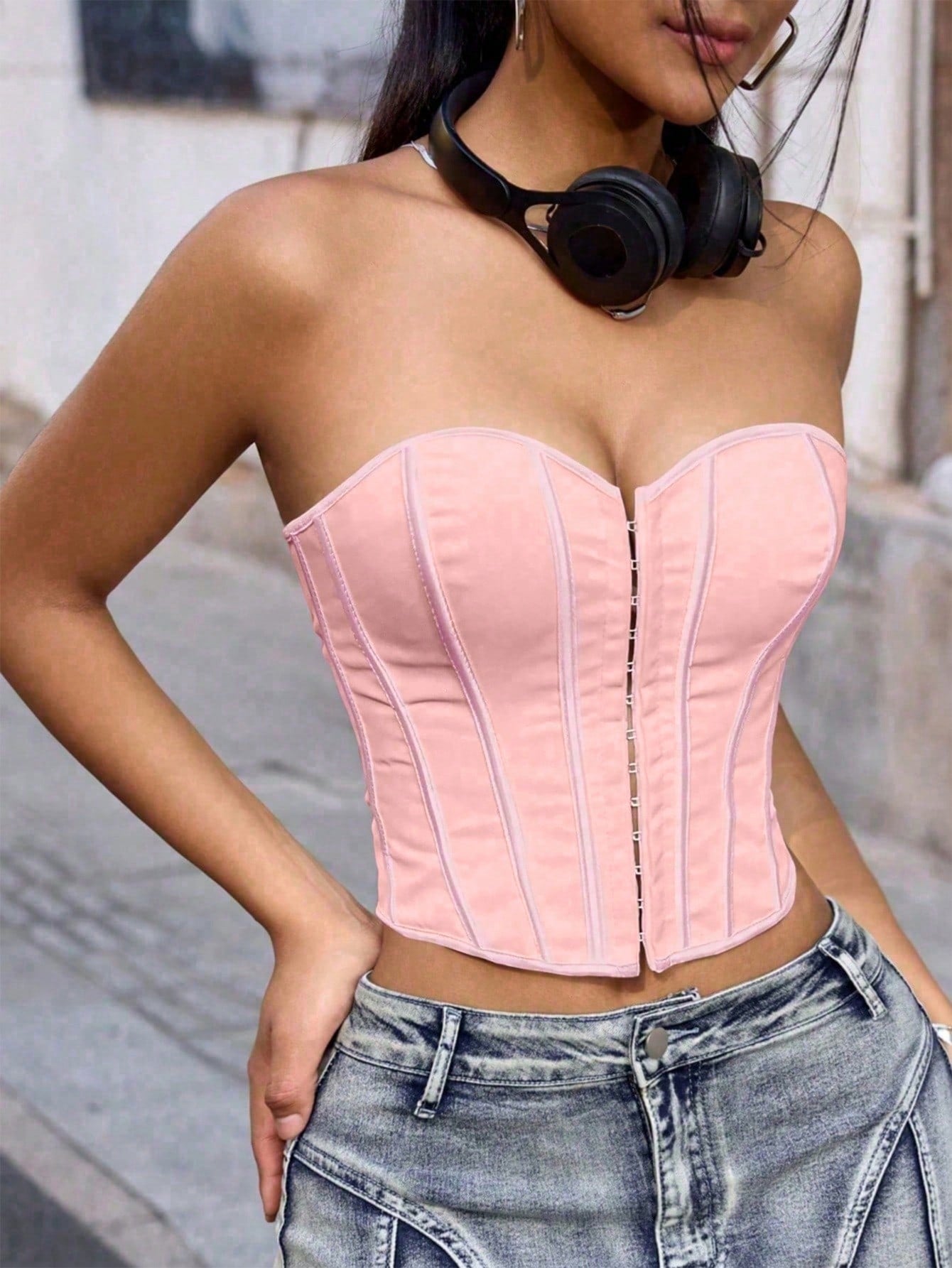 Women's Pink Check Plaid Strapless Corset Bustier