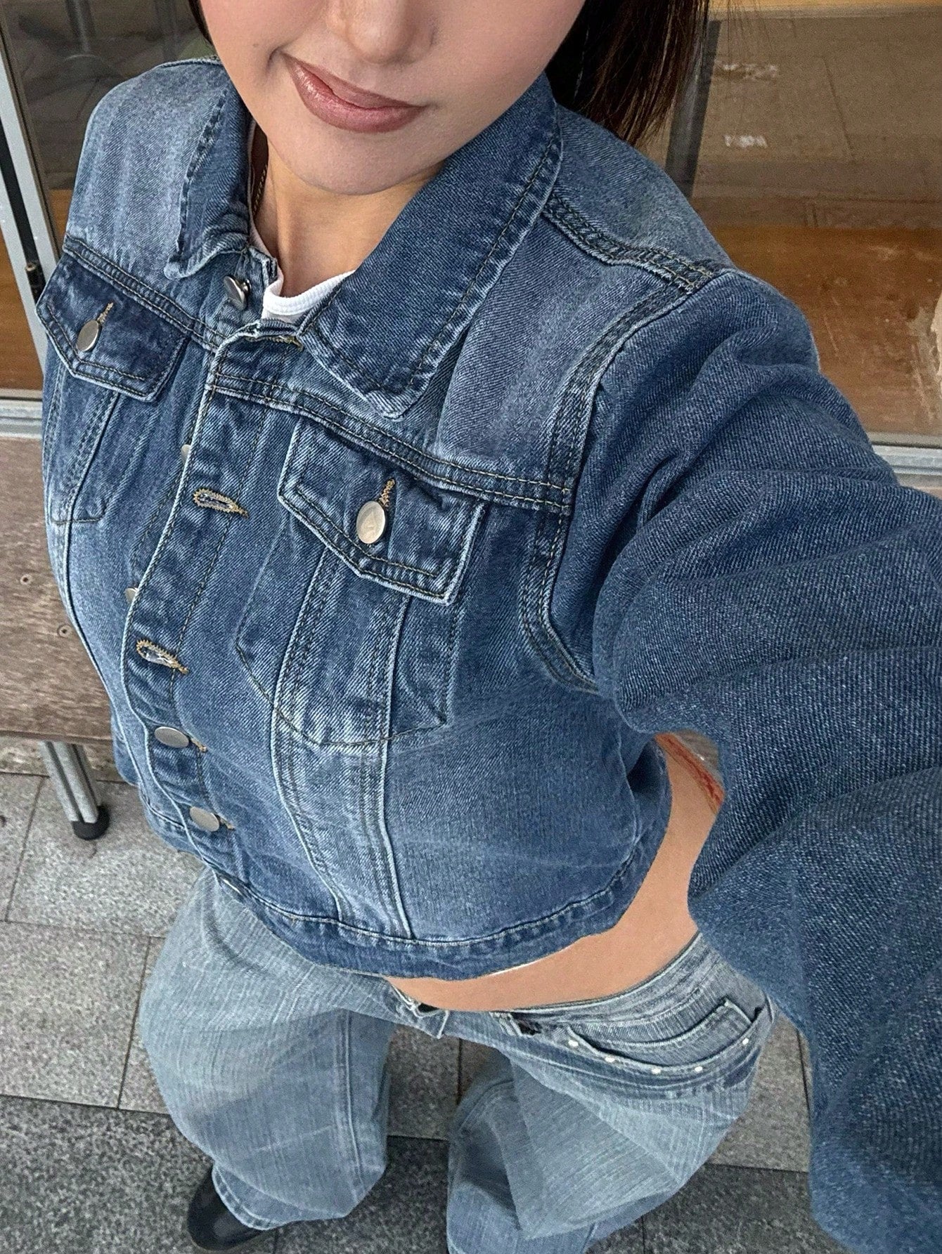 Women's Blue Cotton-Blend Cropped Denim Jacket with Button-Down Front