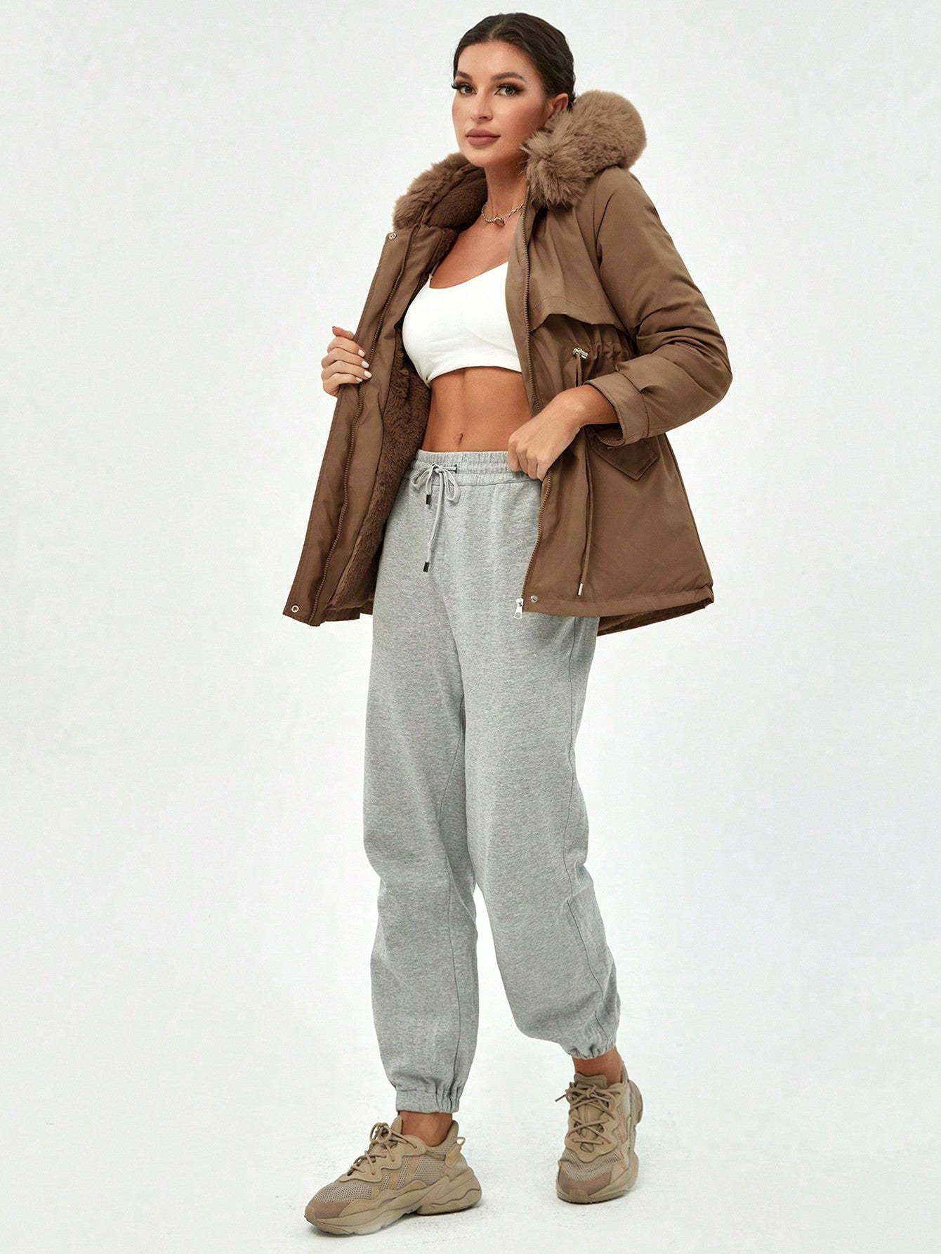 Women's Coffee Brown Faux Fur Hooded Parka Jacket Winter Warm Coat