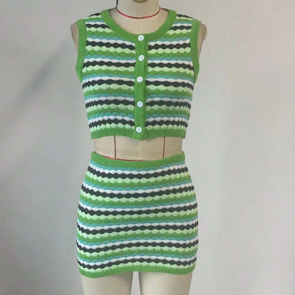 Women's Green Knit Two-piece knit set with striped pattern