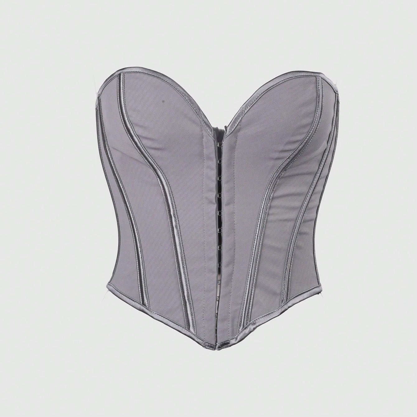 Women's Sleek Gray Boned Corset Top with Hook and Eye Closure