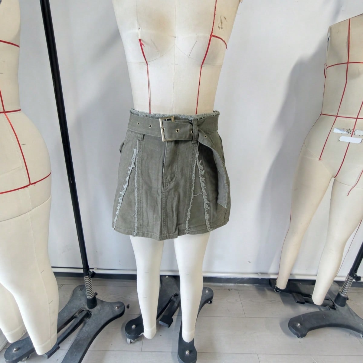 Women's Army Green Denim Mini Skirt with Front Slit