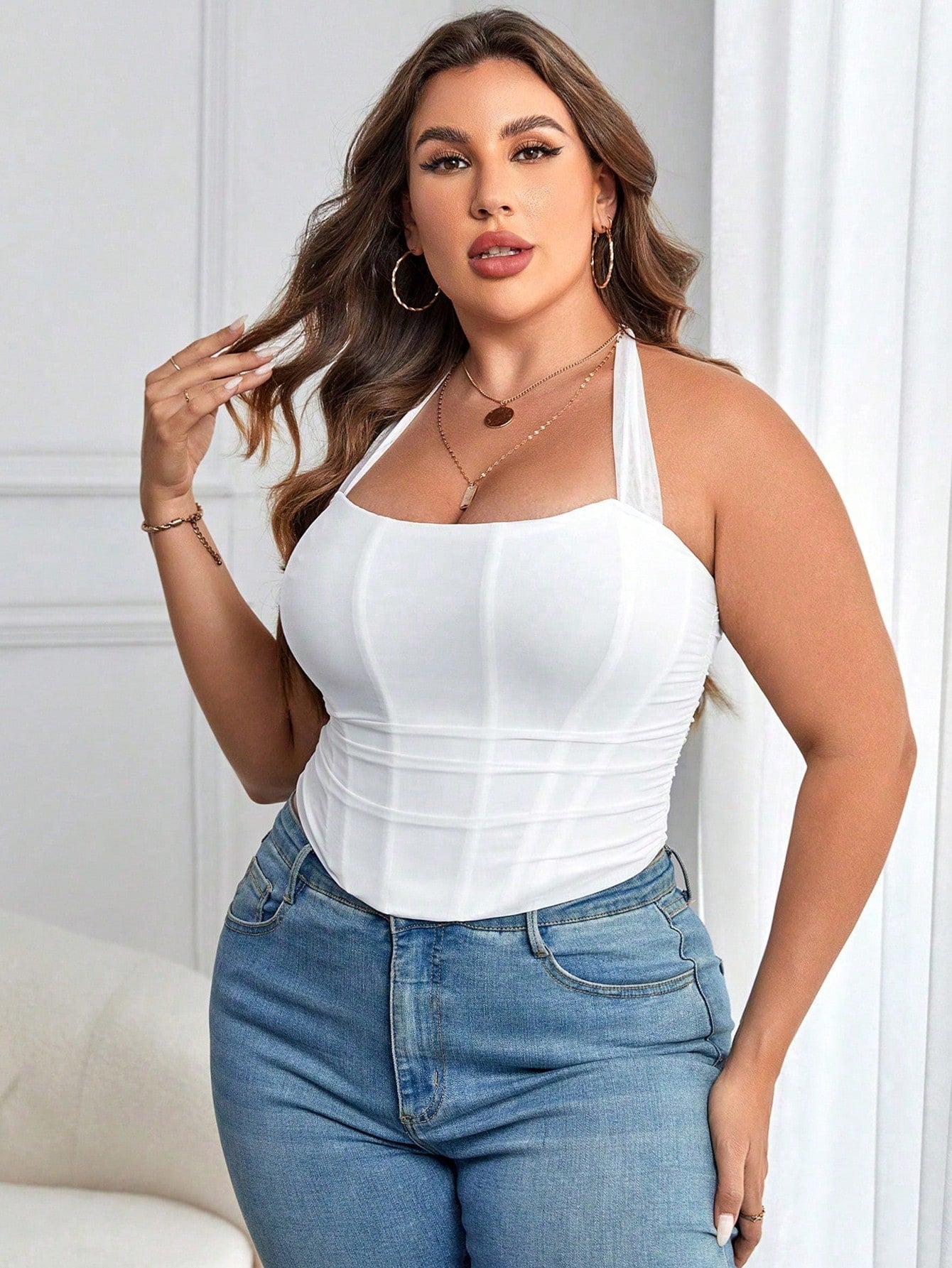 Women's White Cotton Blend Elegant Button-Up Blouse with Pointed Collar