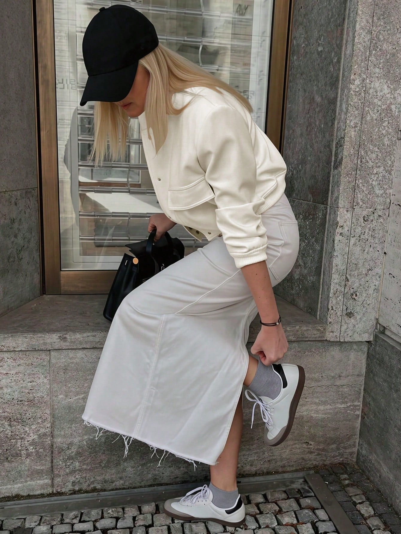 Women's Off-White Faux Leather Snap-Front Bomber Jacket with Flap Pockets