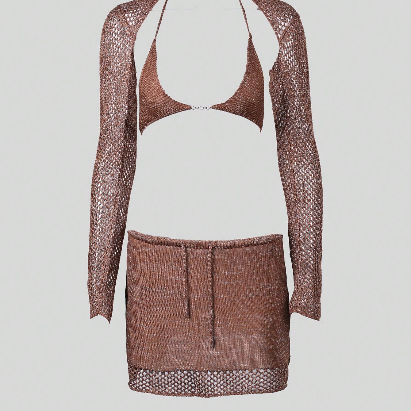 Women's Brown Knit Two-Piece Set with Crop Top and Mini Skirt