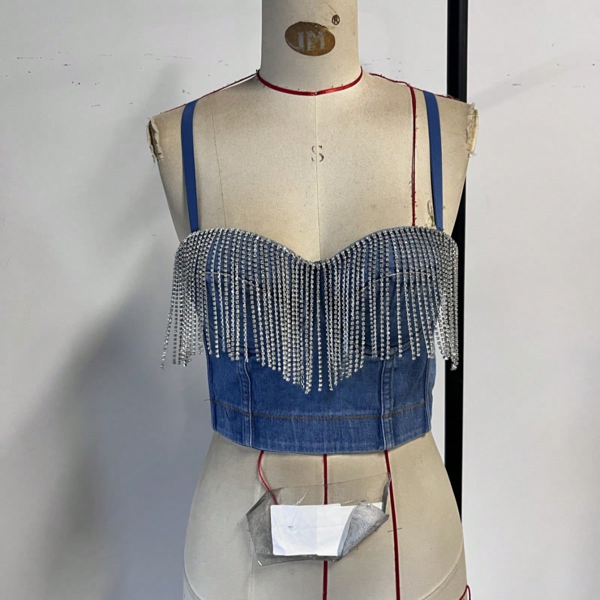 Women's Denim Blue Rhinestone Crystal Fringe Sweetheart Corset Crop Top