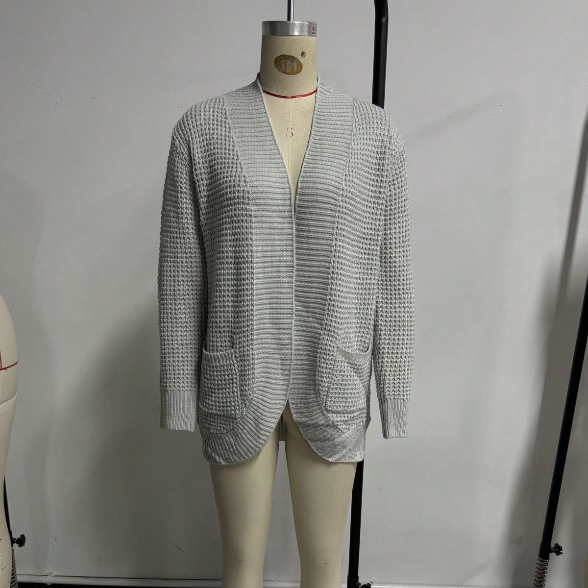 Women's Gray Ribbed Knit Henley Top with Button Placket