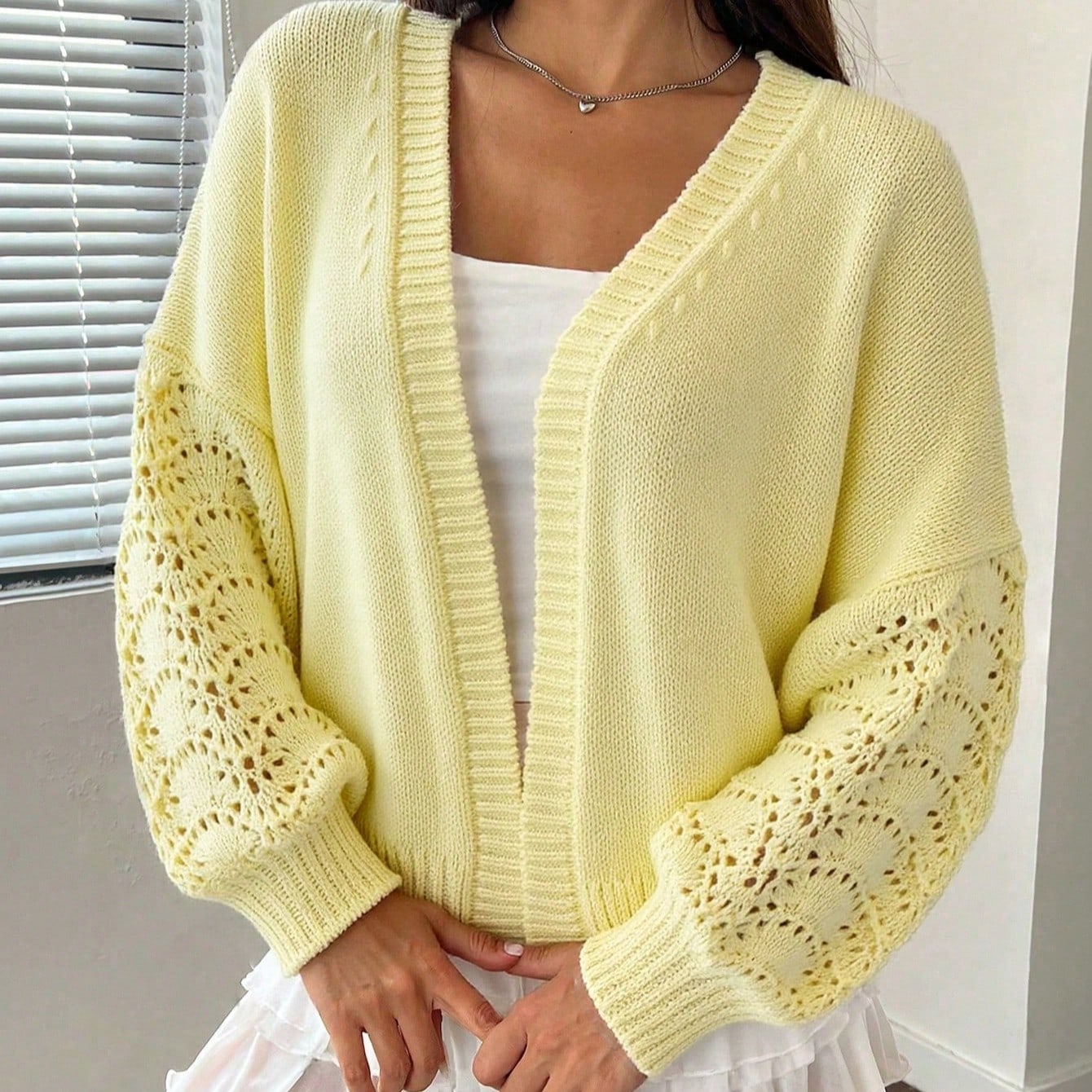 Women's Bright Yellow Open Front Knit Cardigan with Crochet Sleeve Detail