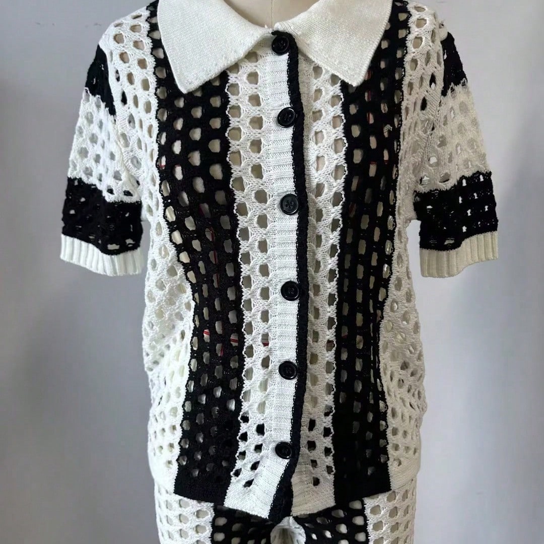 Women's Black White Knit Two-Piece Set with Crop Top and Mini Skirt