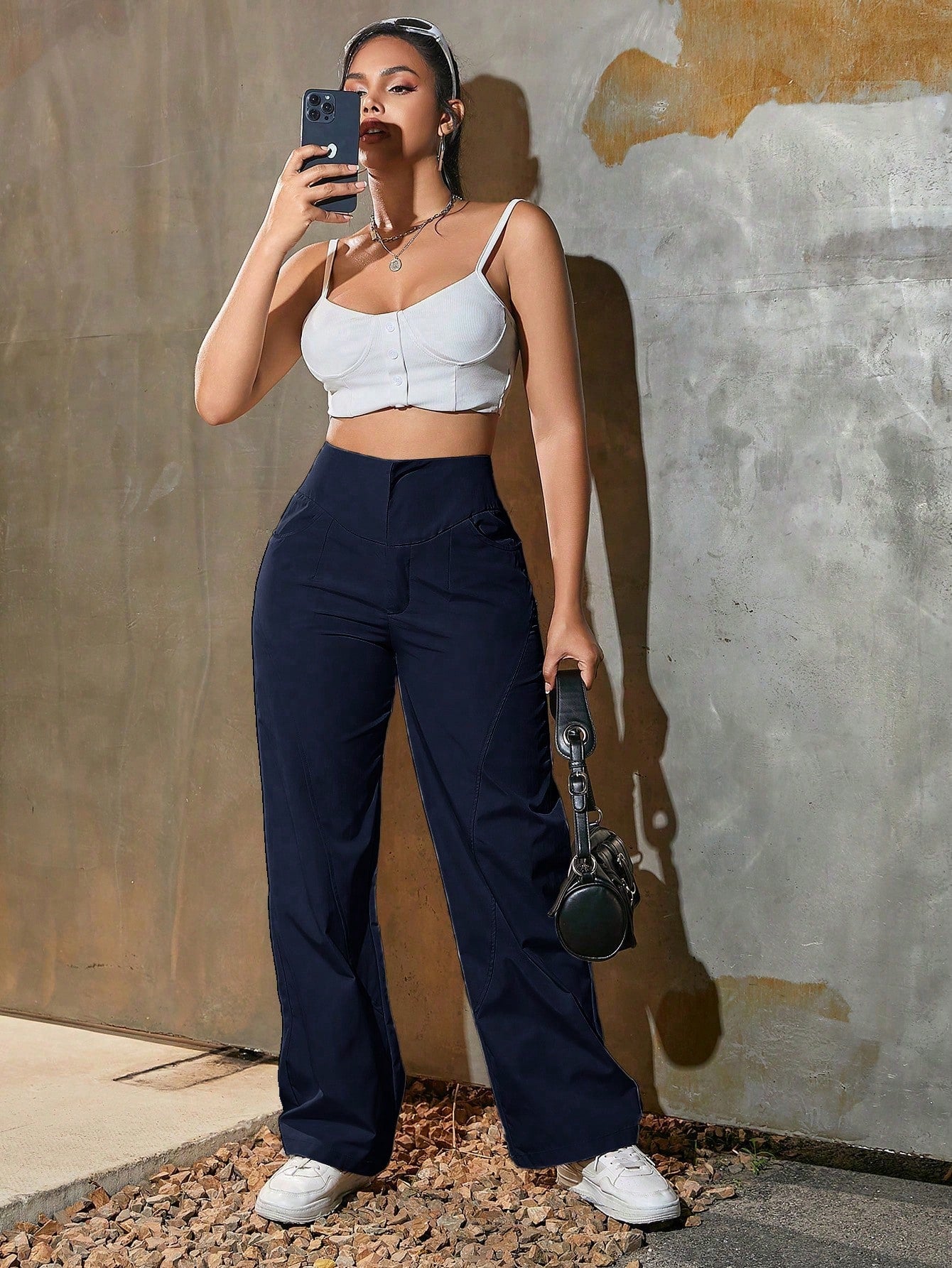 Women's Navy Blue Cotton Full-length cargo pants with cargo pockets