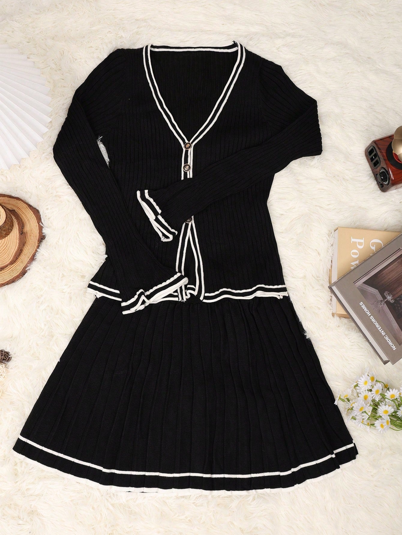 Women's Black Knit Cardigan and Pleated Skirt Set with Contrast White Trim