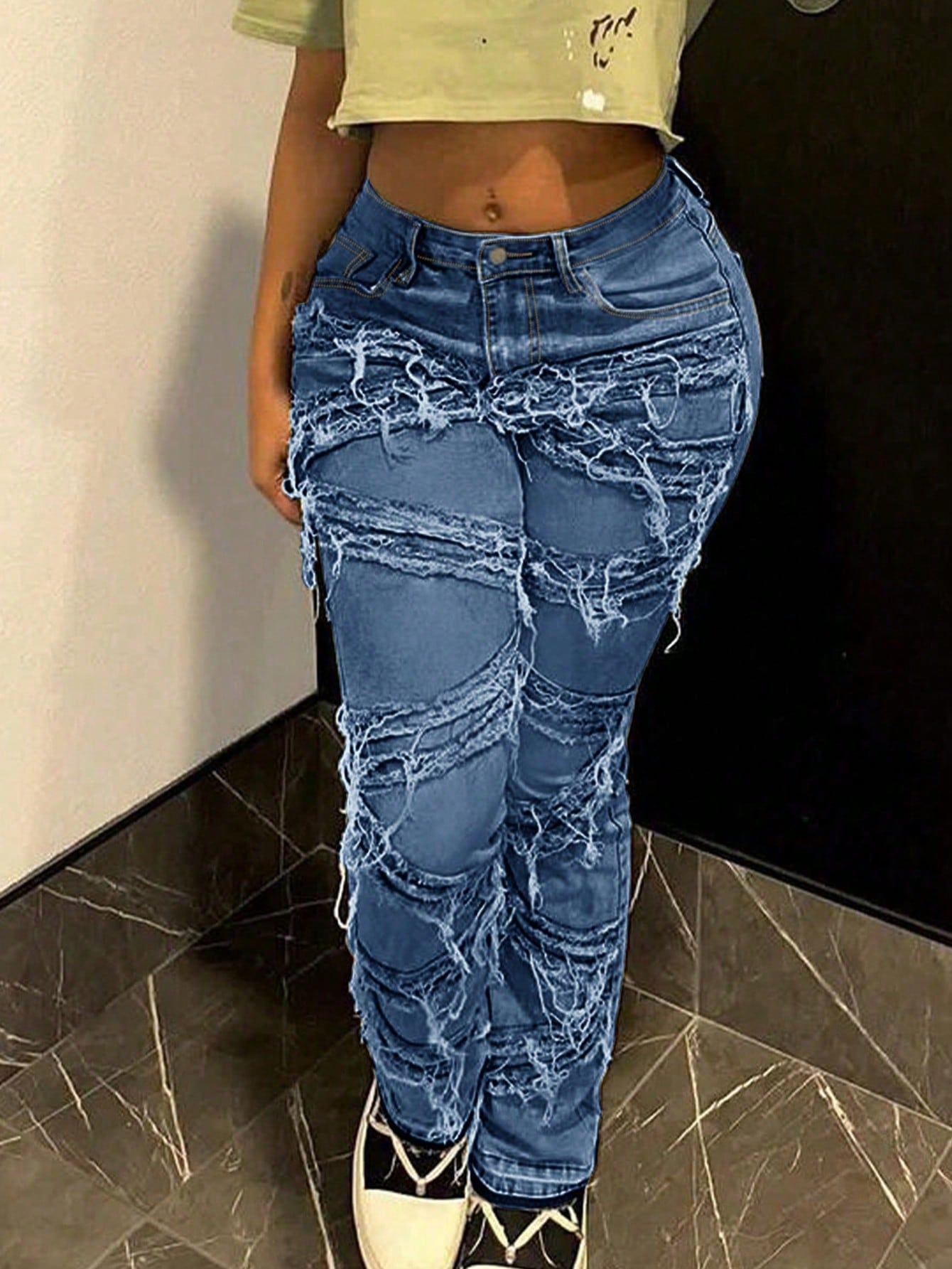 Women's Mid Blue Heavily Distressed Raw Hem Straight-Leg Jeans