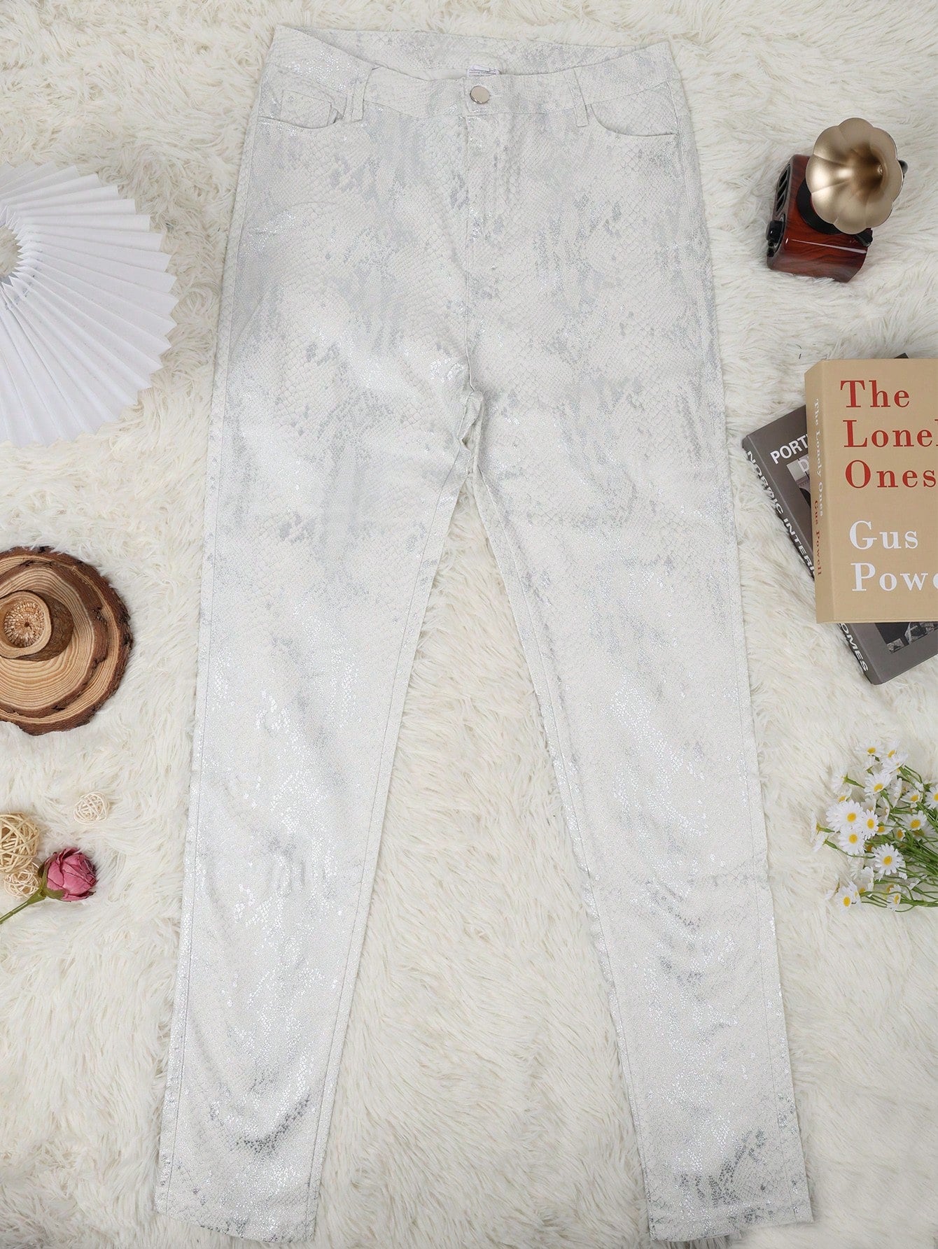 Women's Plus Size Women's Cream White Snake Skin Print Skinny PU Leather Pants