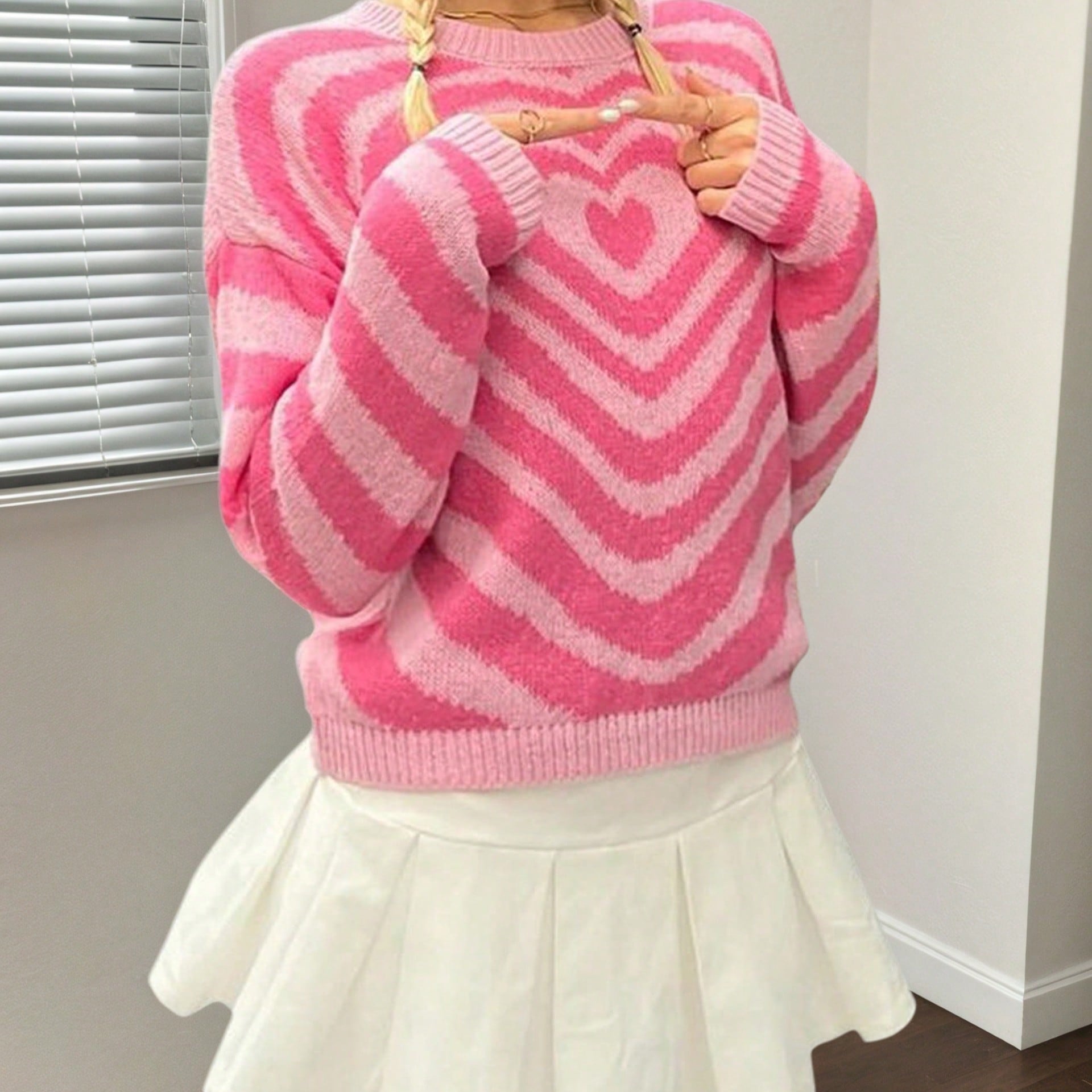 Women's Pink Polyester Chevron Stripe Knit Sweater with Heart Motif