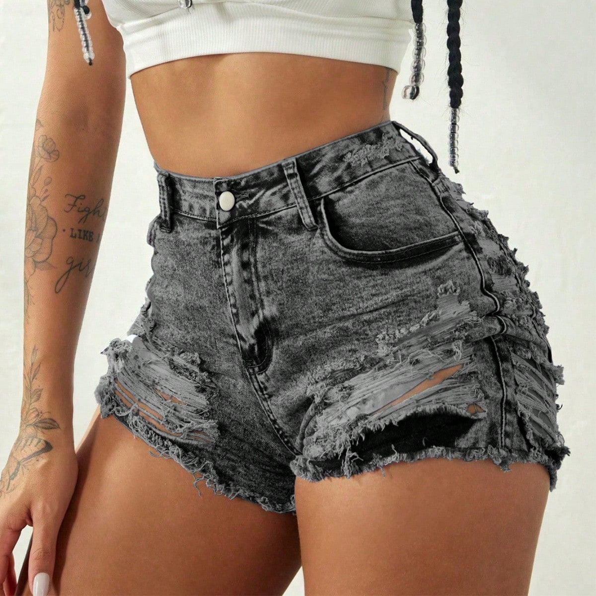 Women's Grey Acid Wash Distressed Frayed Denim Shorts