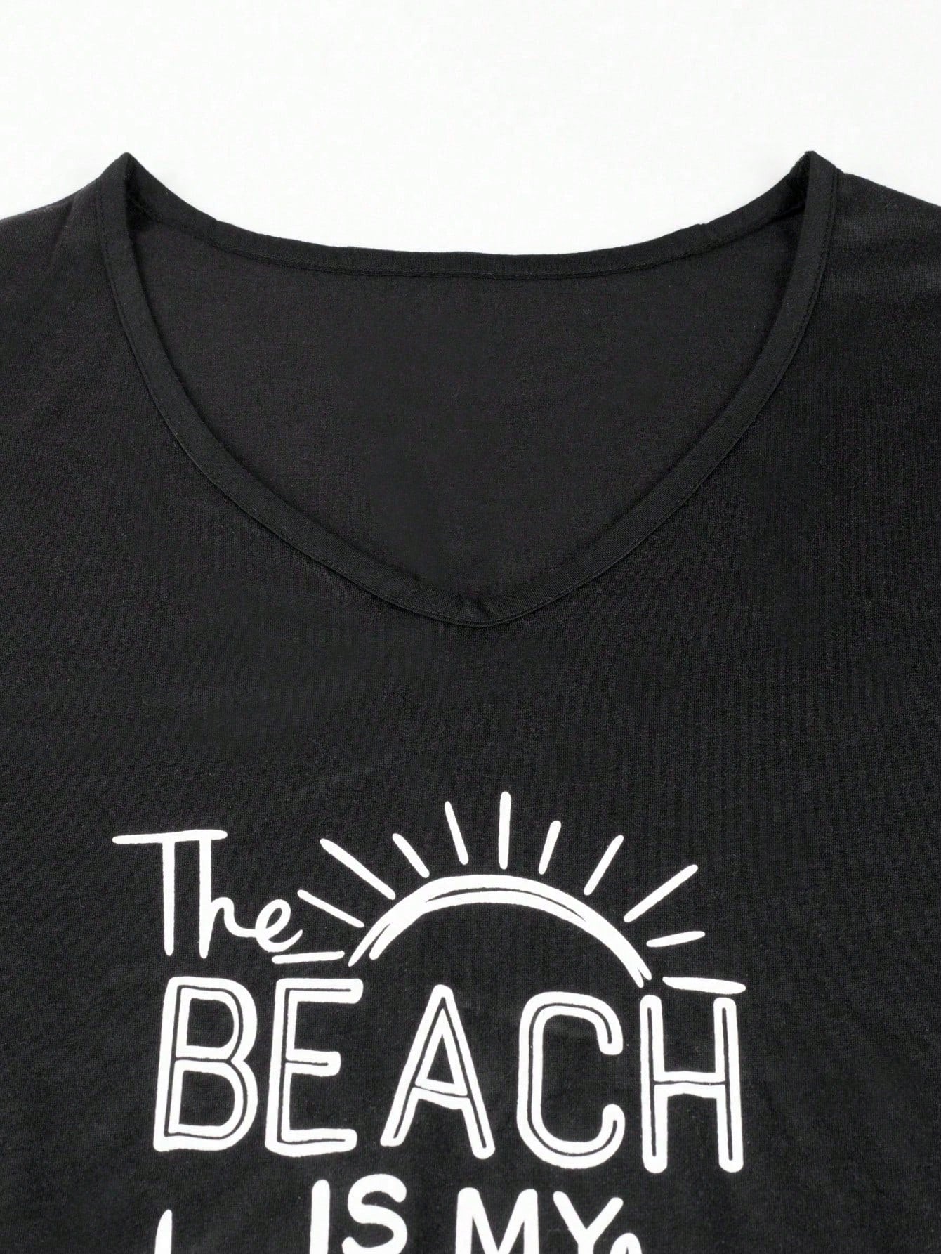 Women's Women Sleeveless Black Graphic Tank Top The Beach Is My Happy Place