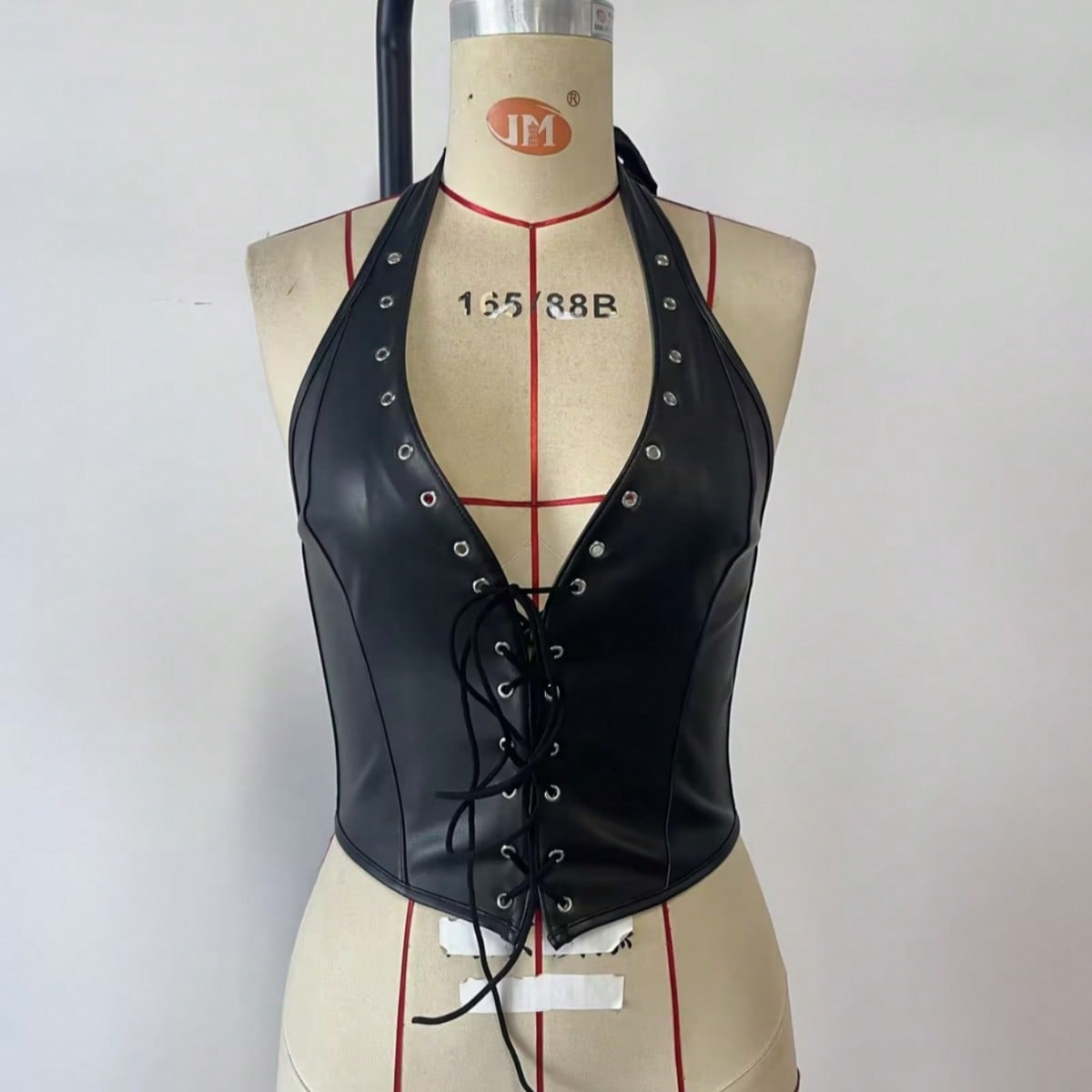 Women's Black PU Leather Halter Neck Lace-Up Corset Top