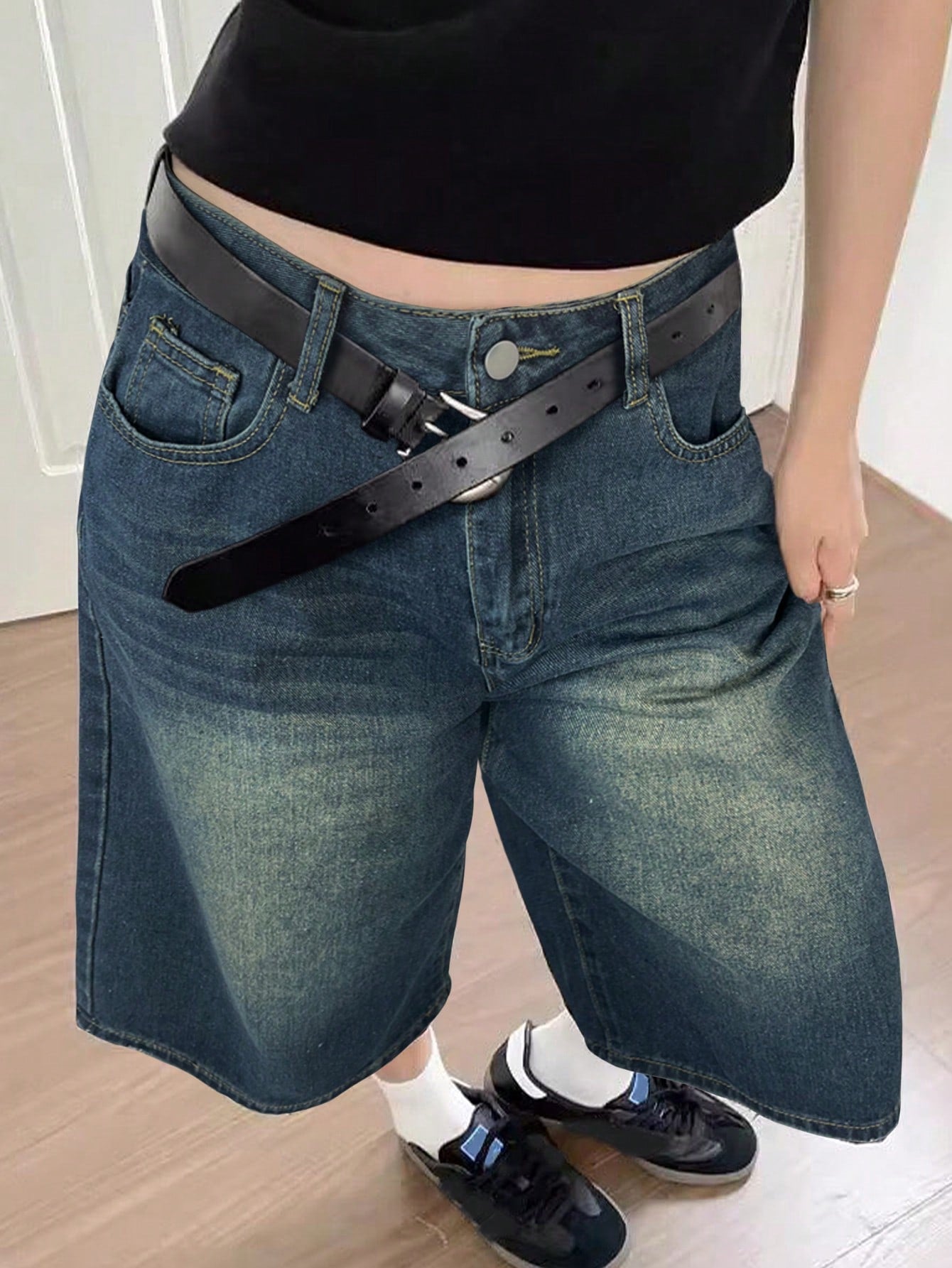 Blue Denim Wide-Leg Culottes - High-Waisted Cropped Baggy Jeans with Belted Waist