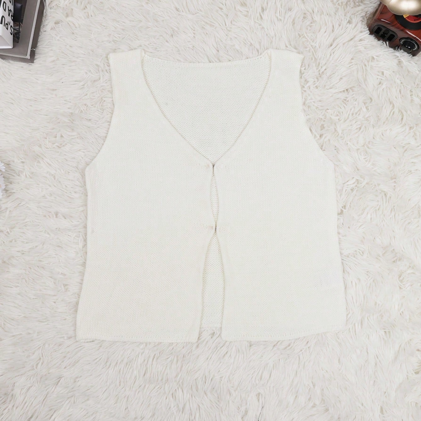 Women's White Acrylic V-Neck Sleeveless Open Front Knit Vest