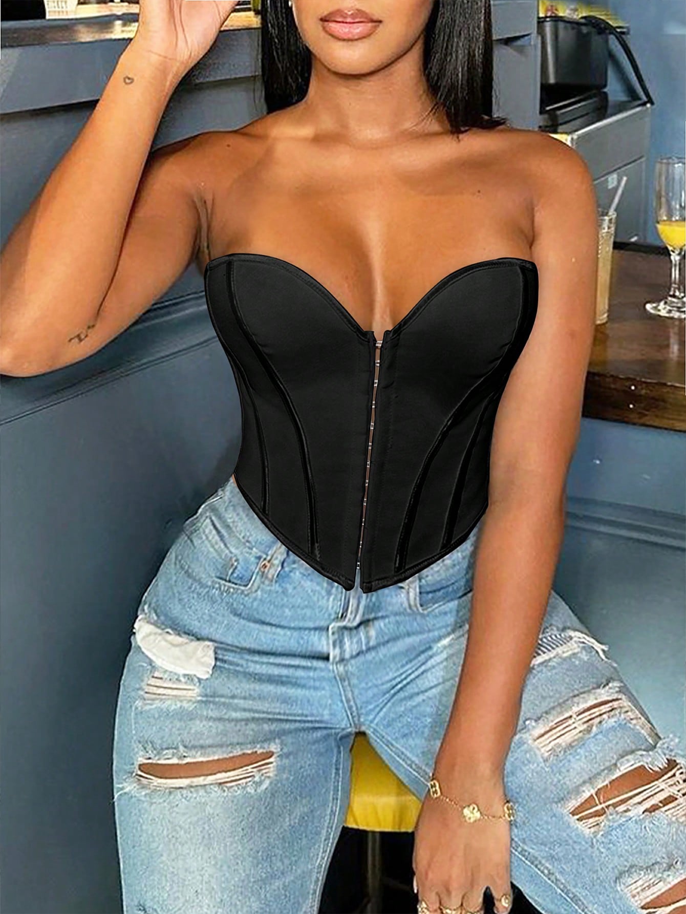 Women's Black Lace-Up Boned Corset Bustier