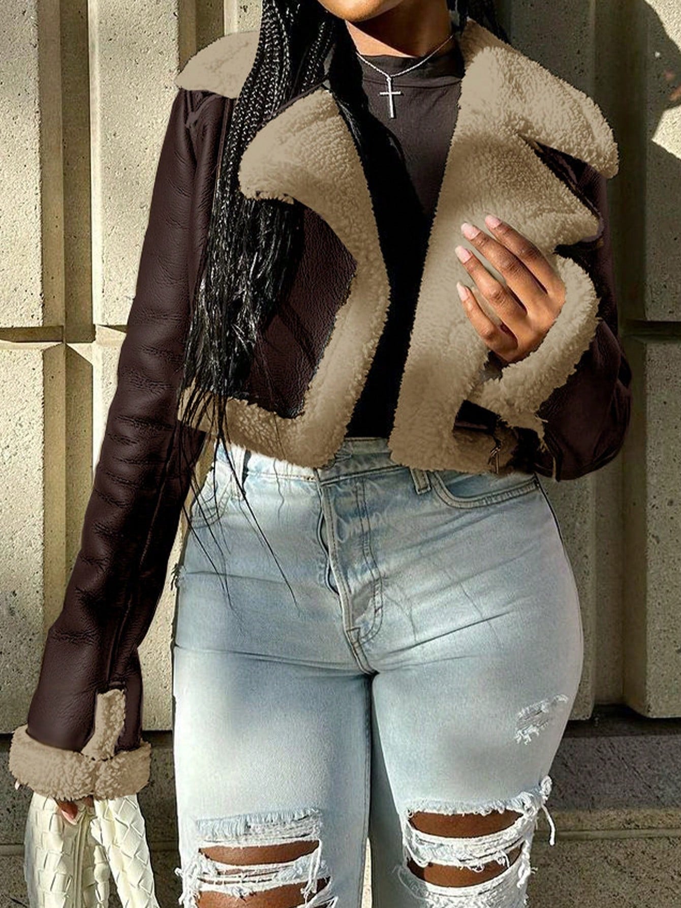 Women's Chocolate Brown PU Leather Cropped Jacket with Faux Fur Trim Winter Coat