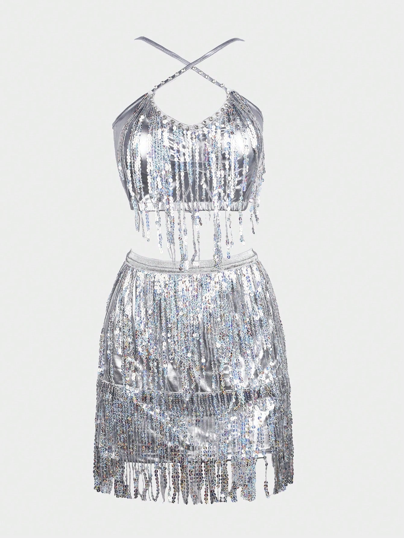 Women's Silver Polyester Metallic fringe set with crop top