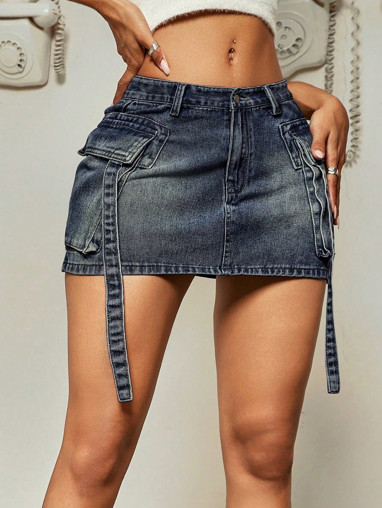 Women's Dark Wash Denim Mini Skirt with Cargo Pockets and Belt Detail Y2K Style