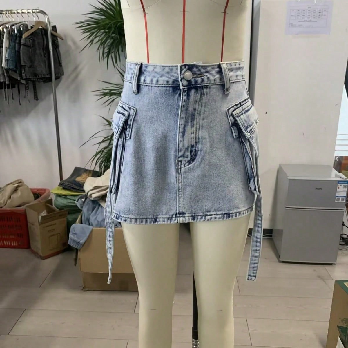 Women's Acid Wash Light Blue Denim Mini Cargo Skirt with Tie Detail