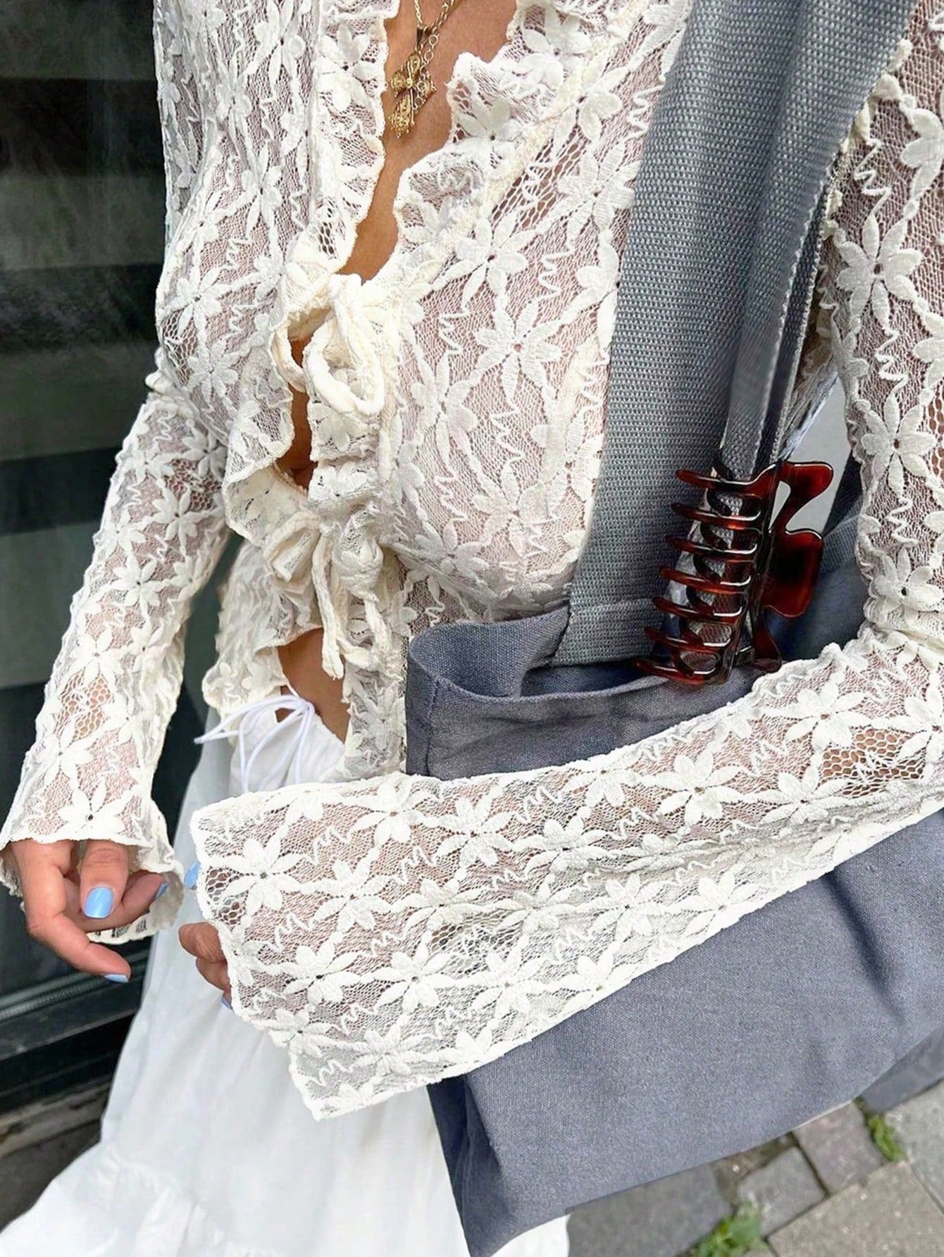Women's Women Sexy White Lace Tie Front Cardigan Long Sleeve Flare Top
