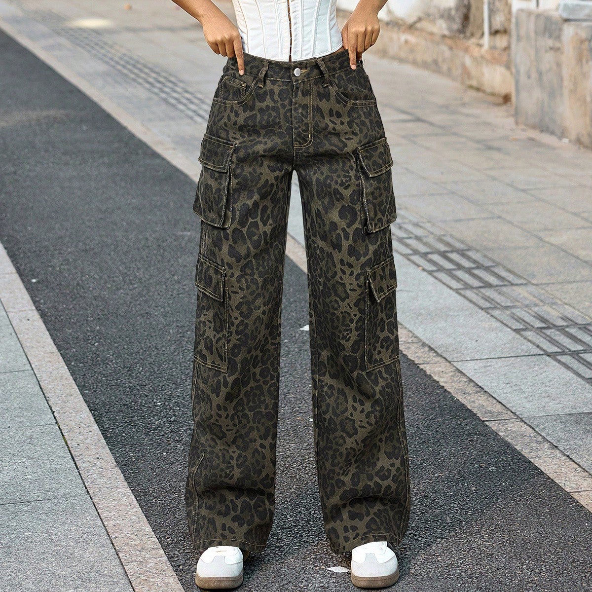 Women's Olive Leopard Print Wide Leg Cargo Pants