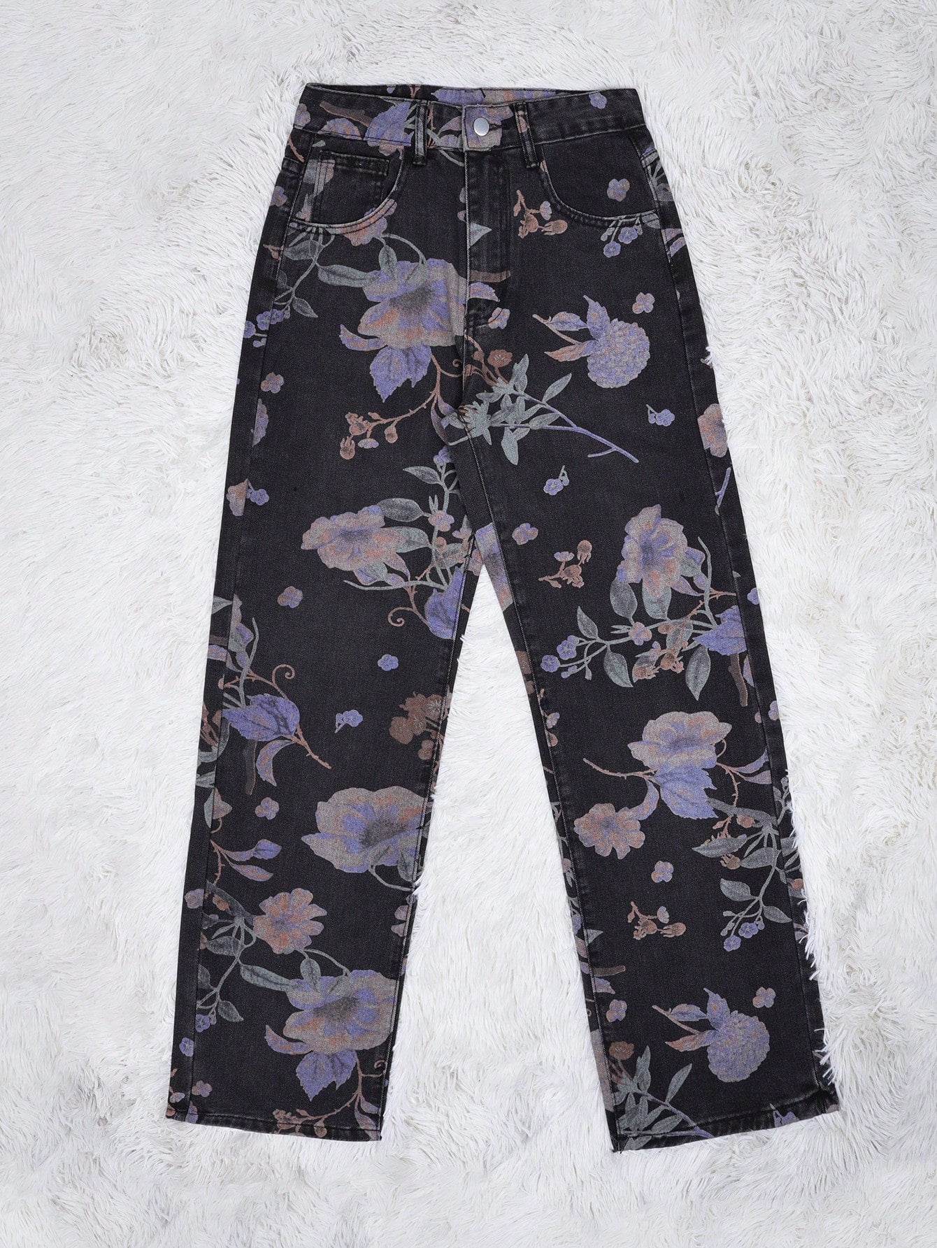 Women's Chic Floral Print Straight Leg Jeans in Black