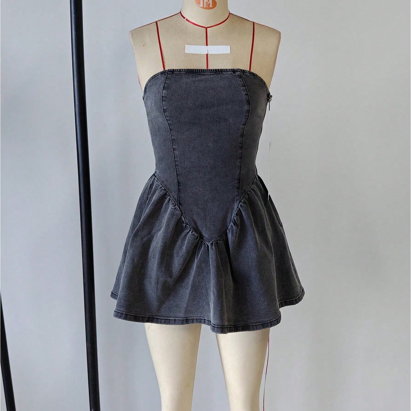 Women's Black Cotton Blend Strapless Flared Denim Mini Dress