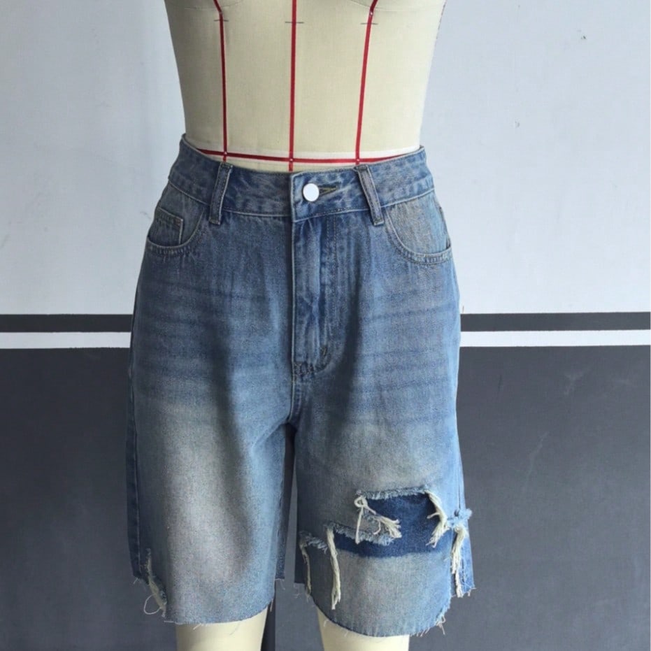 Women's Blue High-Waist Distressed Raw Hem Denim Bermuda Shorts
