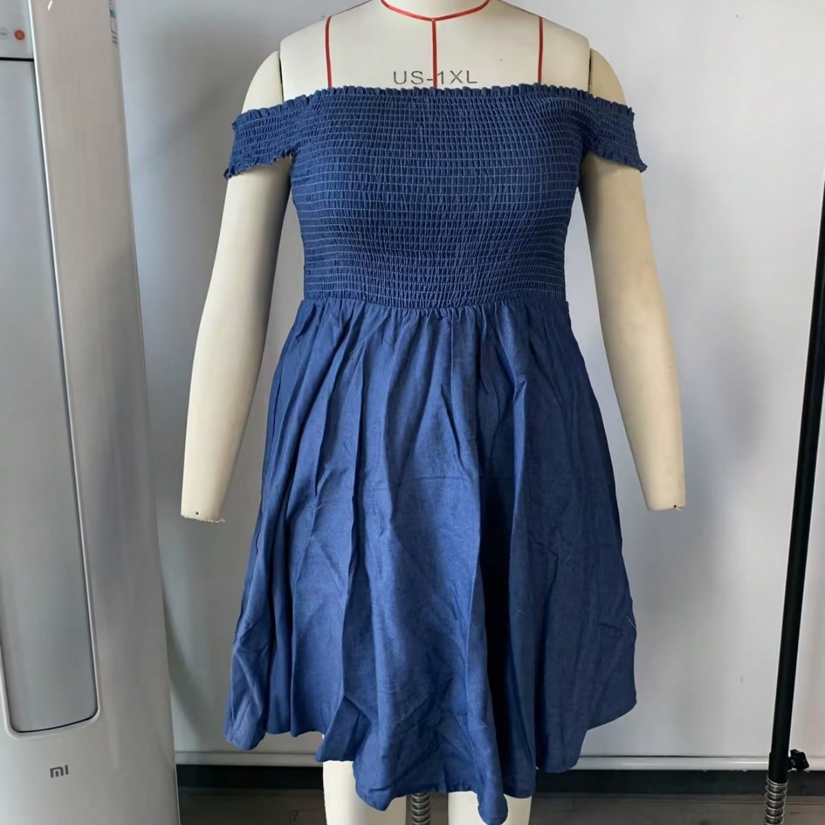 Women's Blue Viscose Blend Off-the-Shoulder Smocked Mini Dress