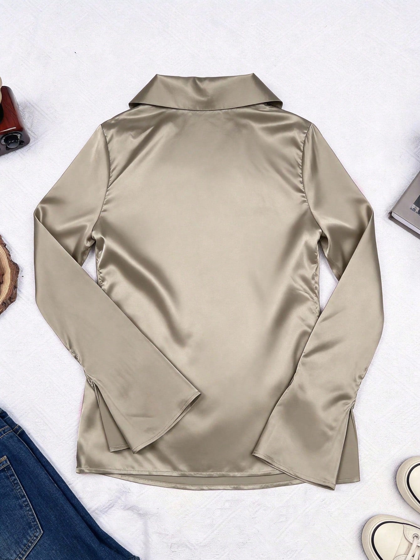 Women's Apricot Satin Tie-Front Long Sleeve Top with V-Neck