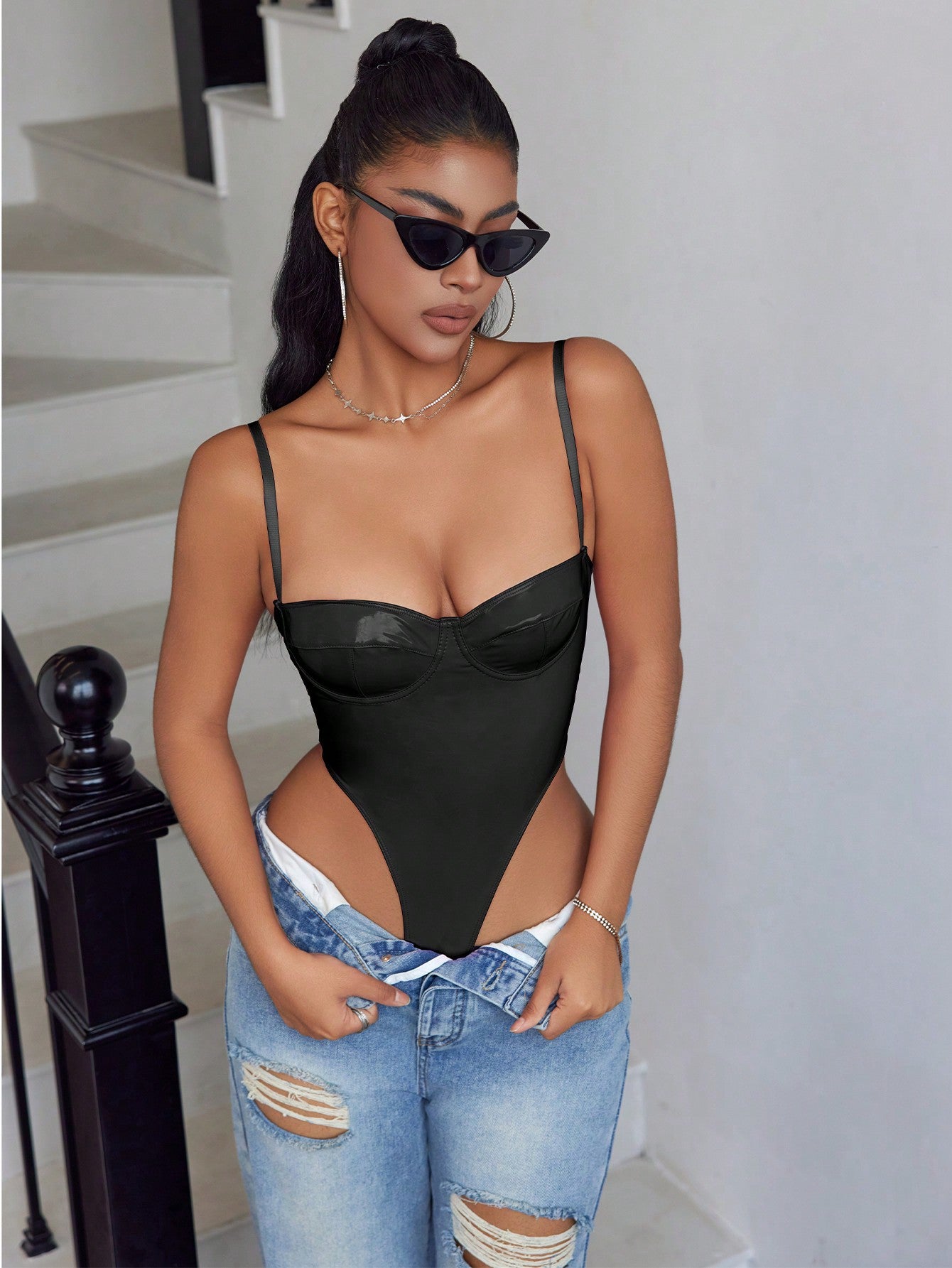 Women's Black Underwire Spaghetti Strap Bustier Bodysuit