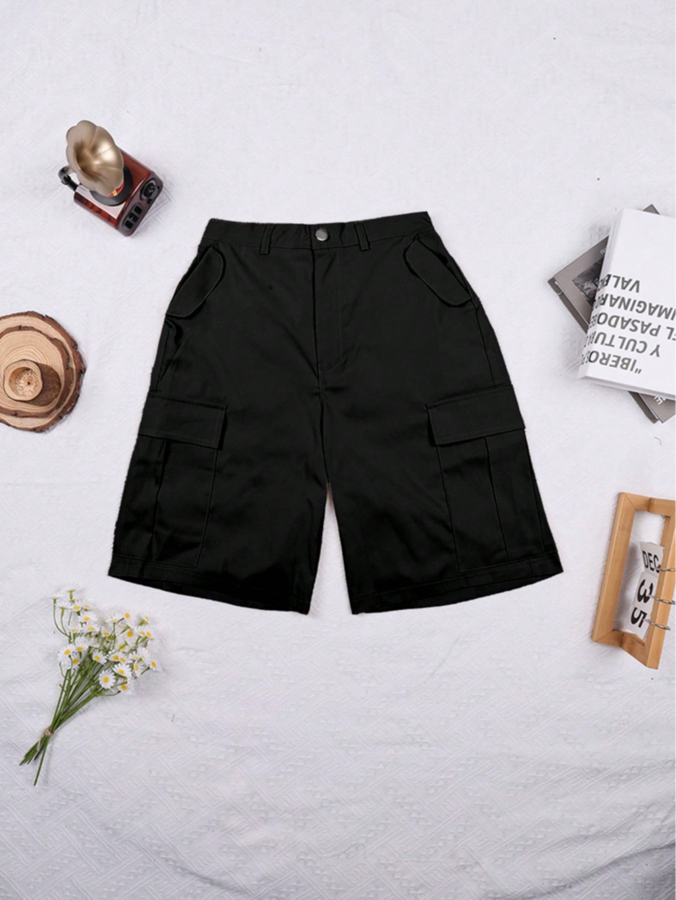 Women's Black Faux Leather Knee-Length Cargo Bermuda Shorts with Flap Pockets